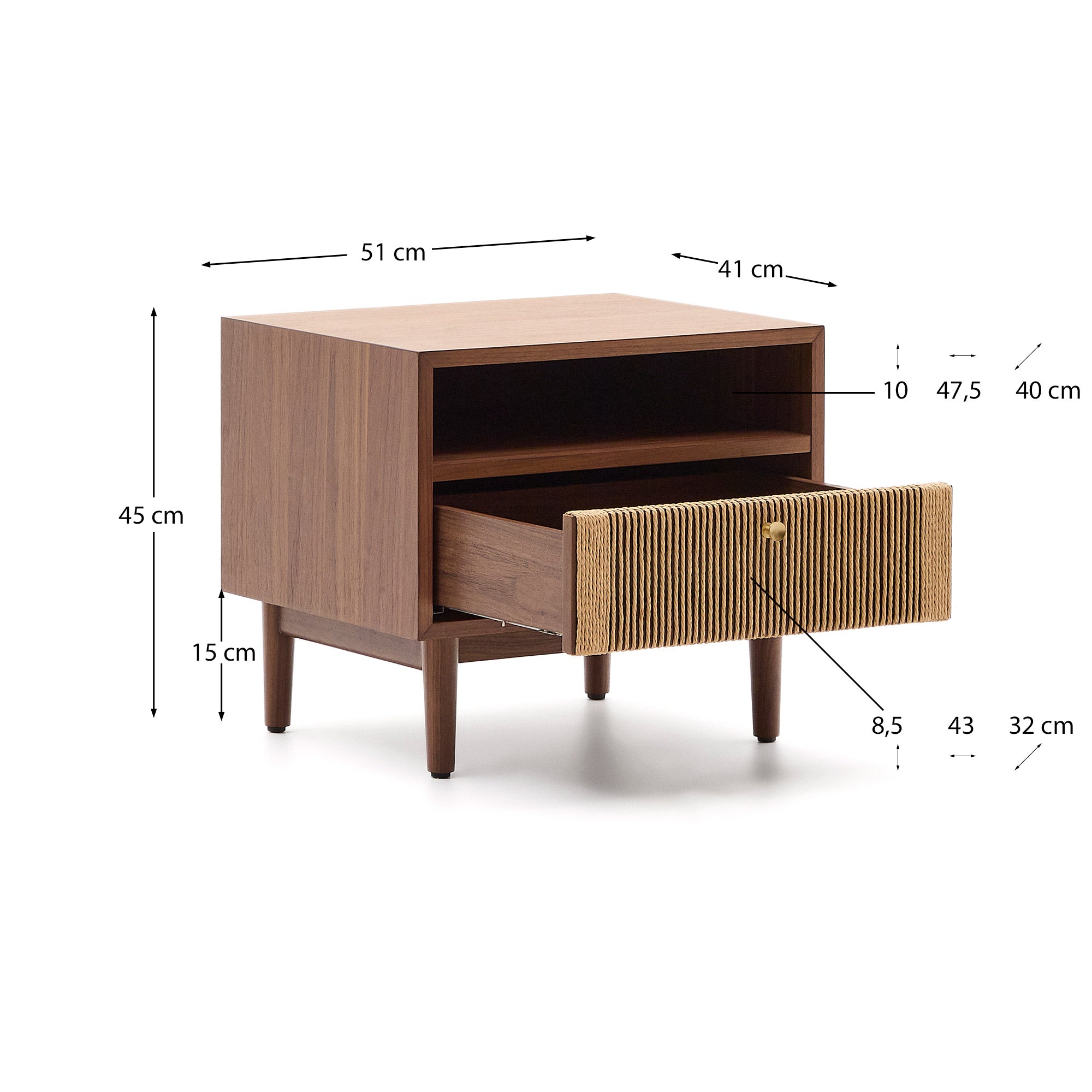 Elan bedside table in veneer and solid walnut with cord 51x45cm FSC Mix Credit - Measurements