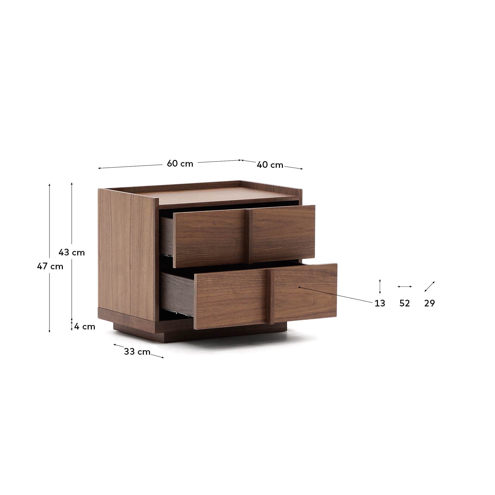 Onix bedside table, 2 drawers,  walnut veneer in a dark finish, 60 x 47 cm FSC Mix Credit - Measurements