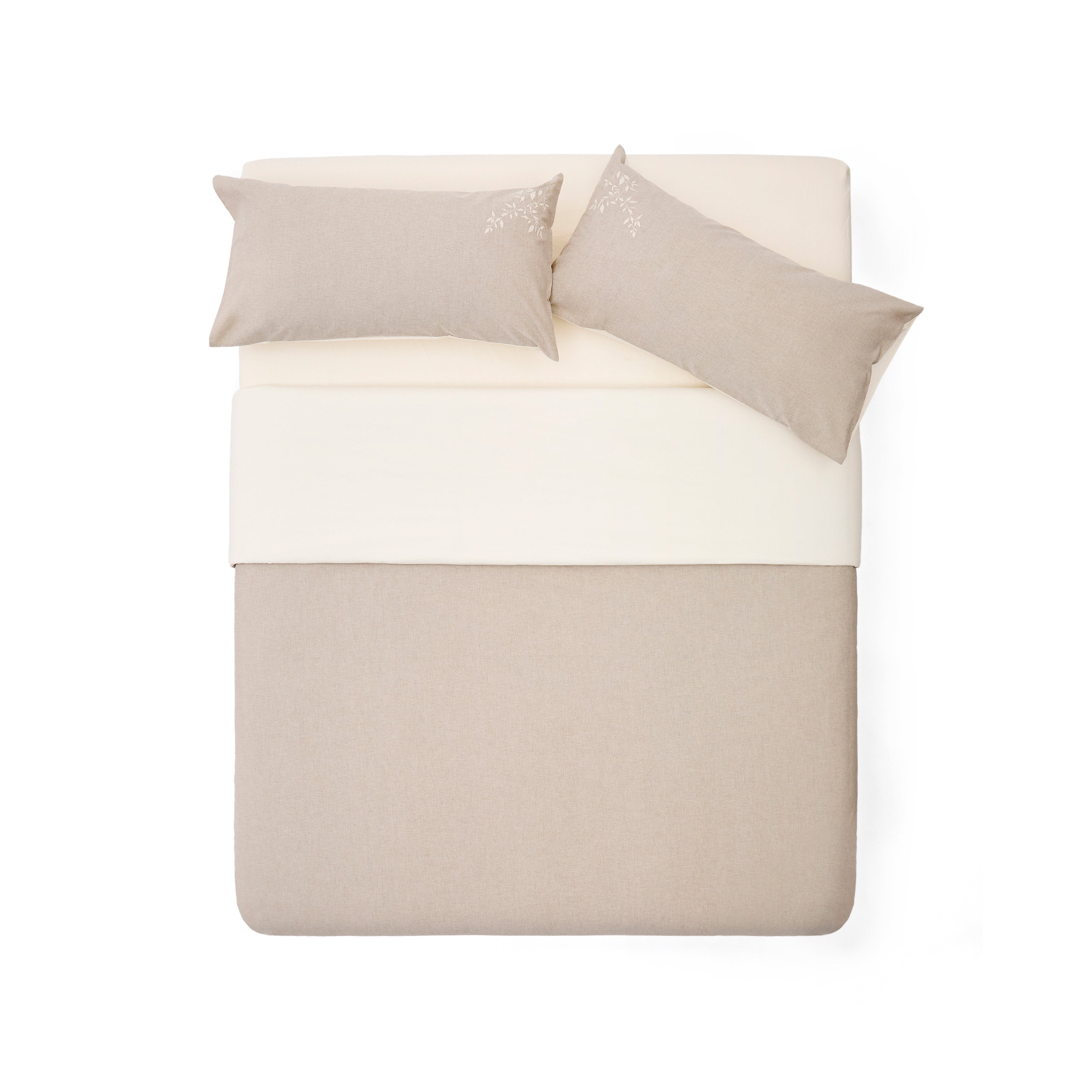 Sotela bedspread and pillowcase set with embroidered stripes, 100% percale cotton, beige, for a 150cm bed