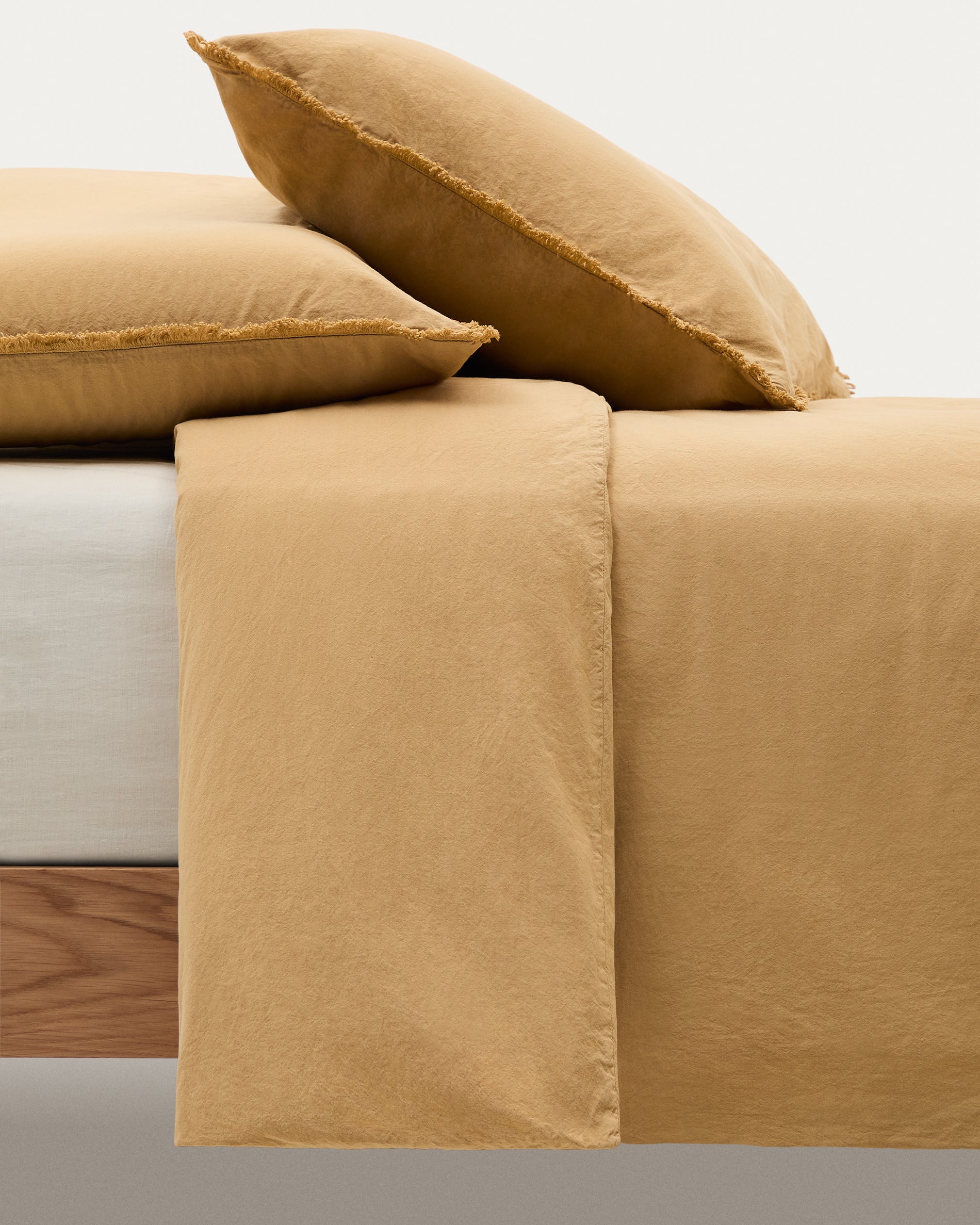 Sifinia mustard duvet and pillow cover set, 100% cotton percale fringes, 90 cm bed - Product View