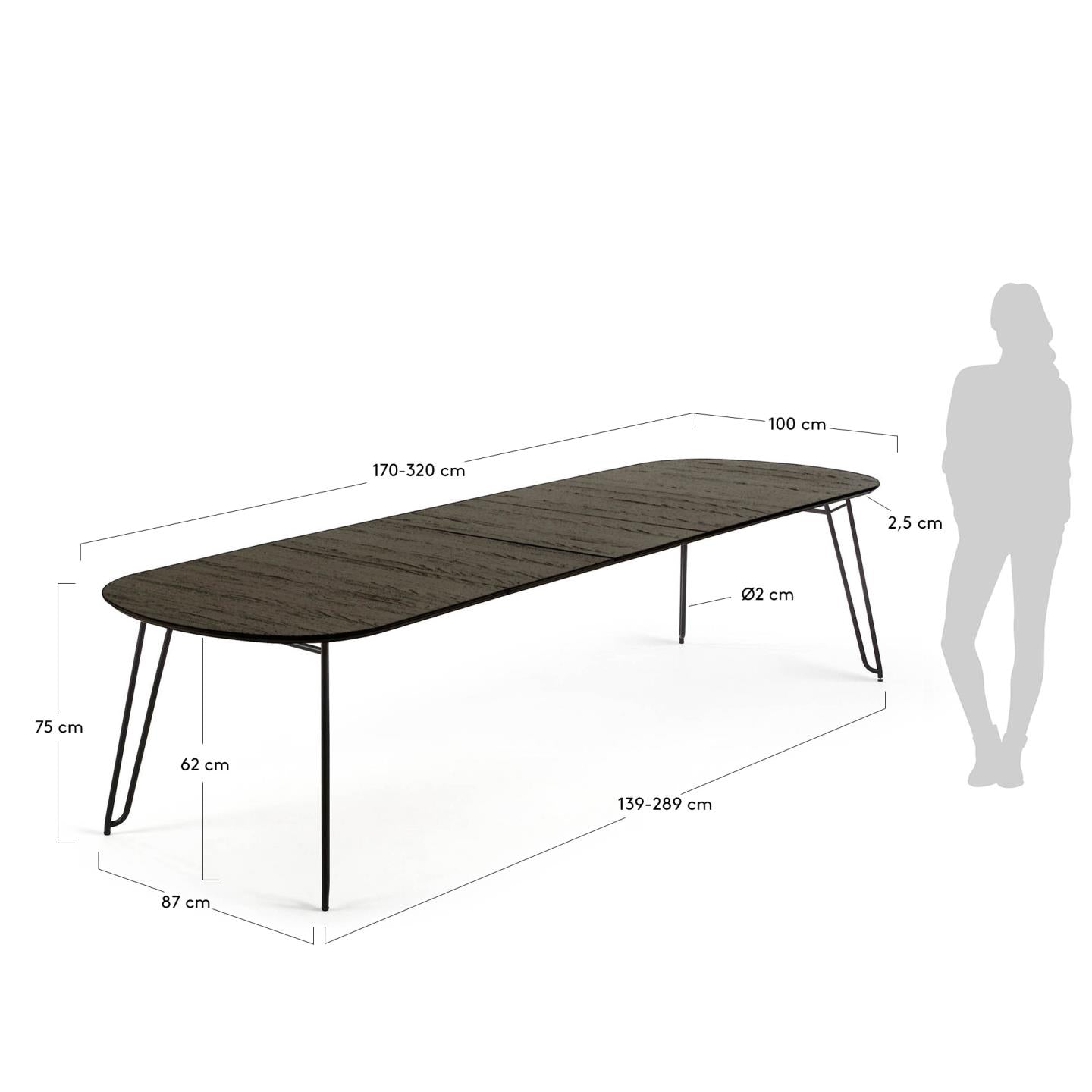Extendable Milian table 170 (320) x 100 cm - Measurements