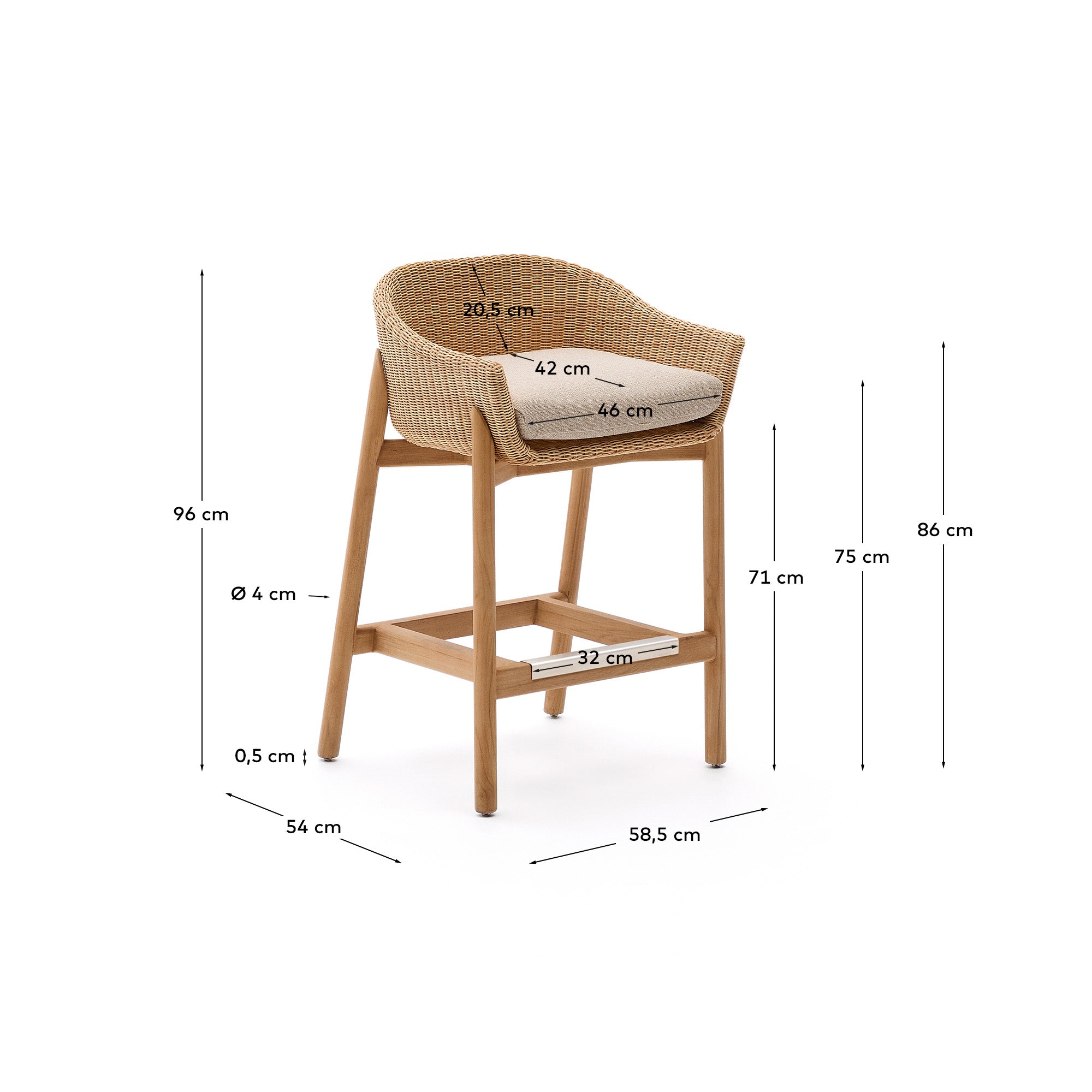 Galea stool in FSC 100% solid teak wood and synthetic rattan 75cm - Measurements