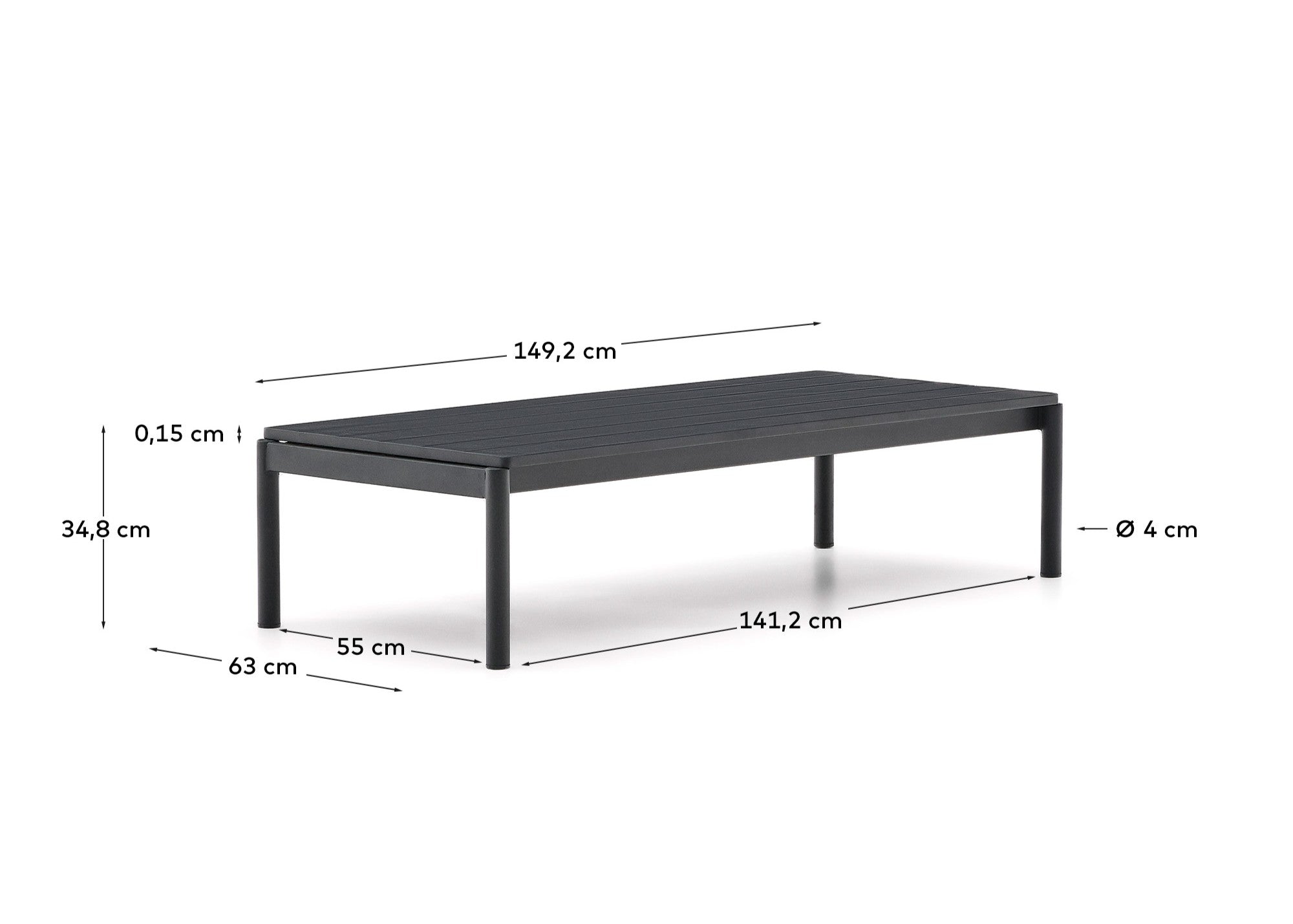 Sorells coffee table in grey aluminum 63 x 144,6 cm - Measurements