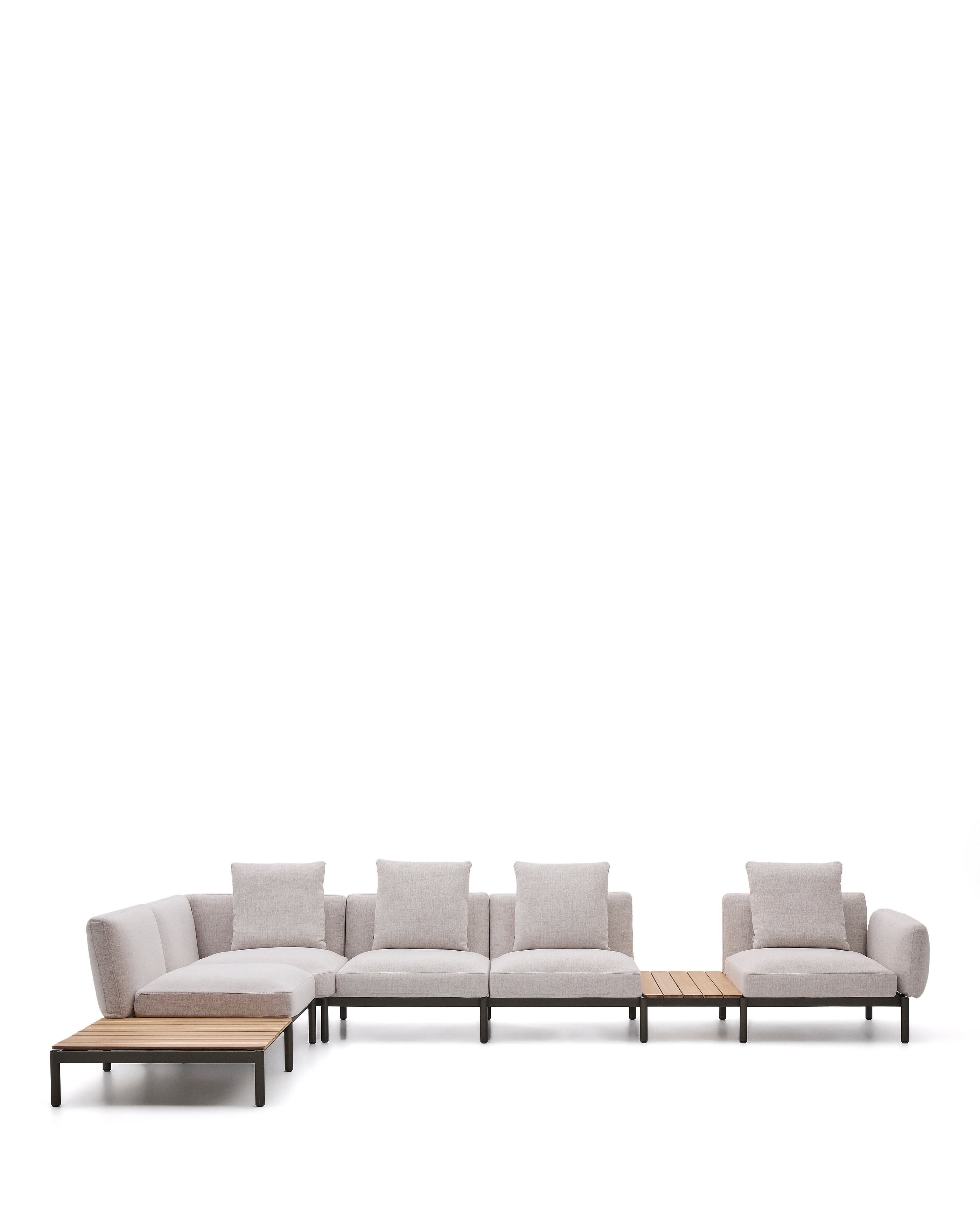 Sorells kültéri moduláris 5-személyes sarokkanapé bézs kárpitozással és zöld alumíniummal, 2 teak asztallal 277 x 446cm FSC 100%