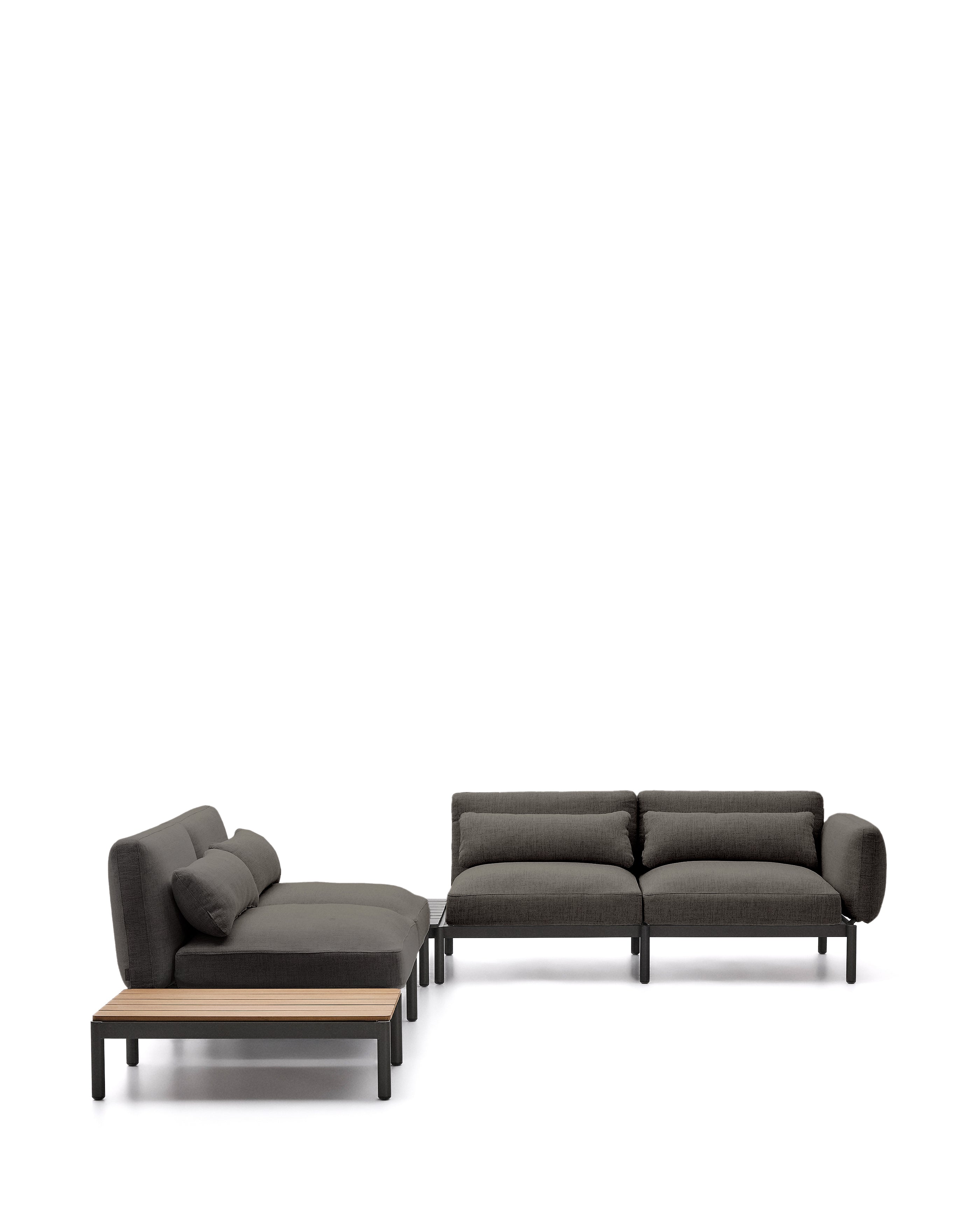Sorells outdoor modular 4-seater corner sofa with gray upholstery and gray aluminum, teak table 353 x 316.5 cm FSC 100%