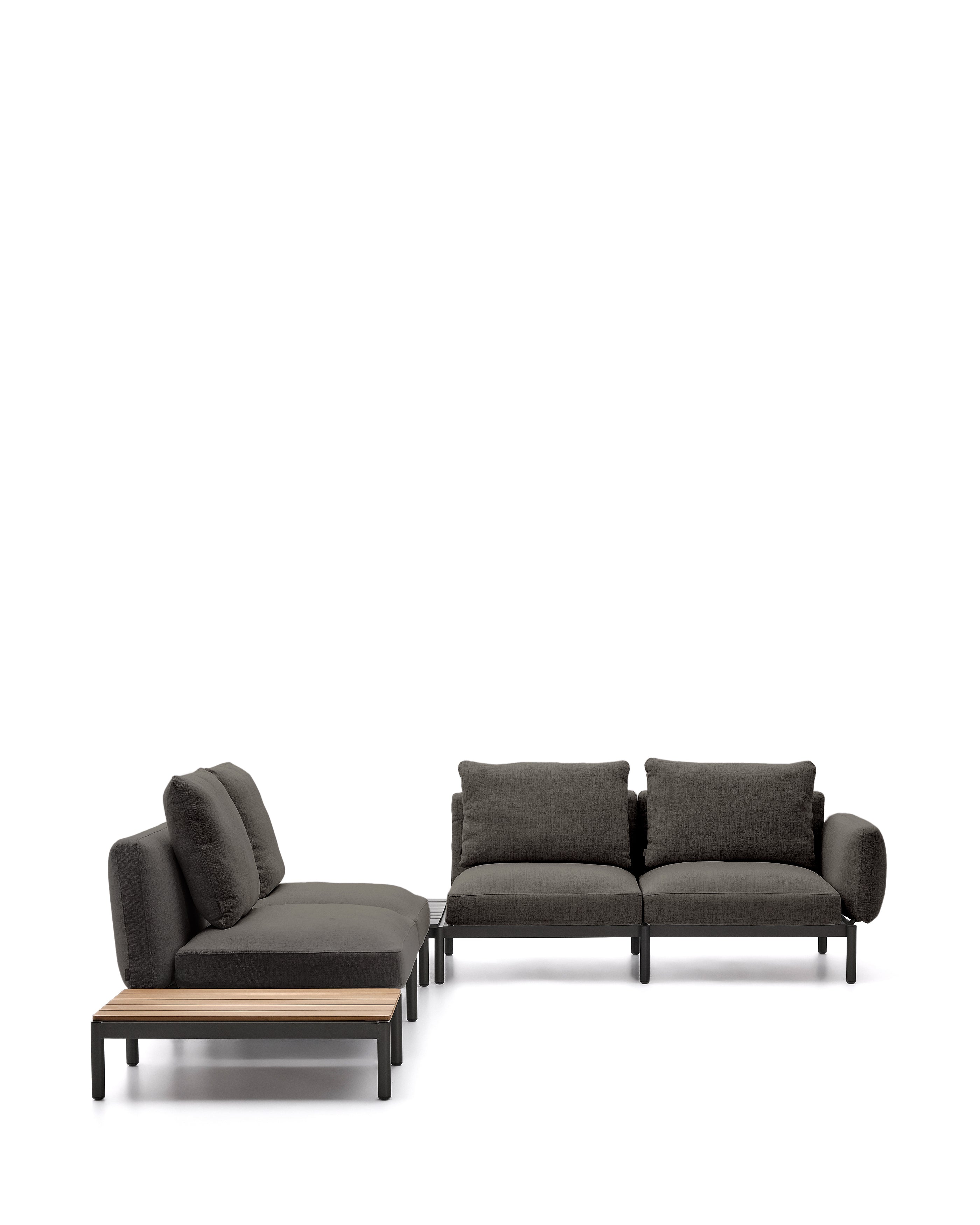 Sorells outdoor modular 4-seater corner sofa with gray upholstery and gray aluminum, teak table 353 x 316.5 cm FSC 100%