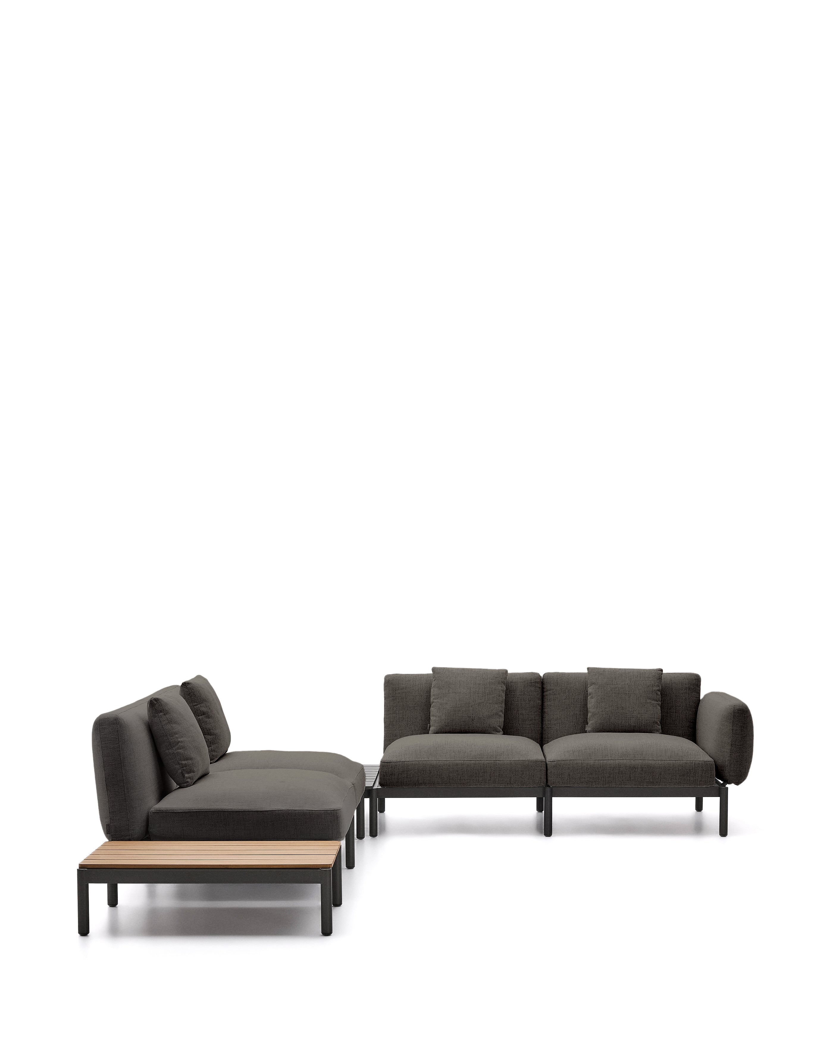 Sorells outdoor modular 4-seater corner sofa with gray upholstery and gray aluminum, teak table 353 x 316.5 cm FSC 100%