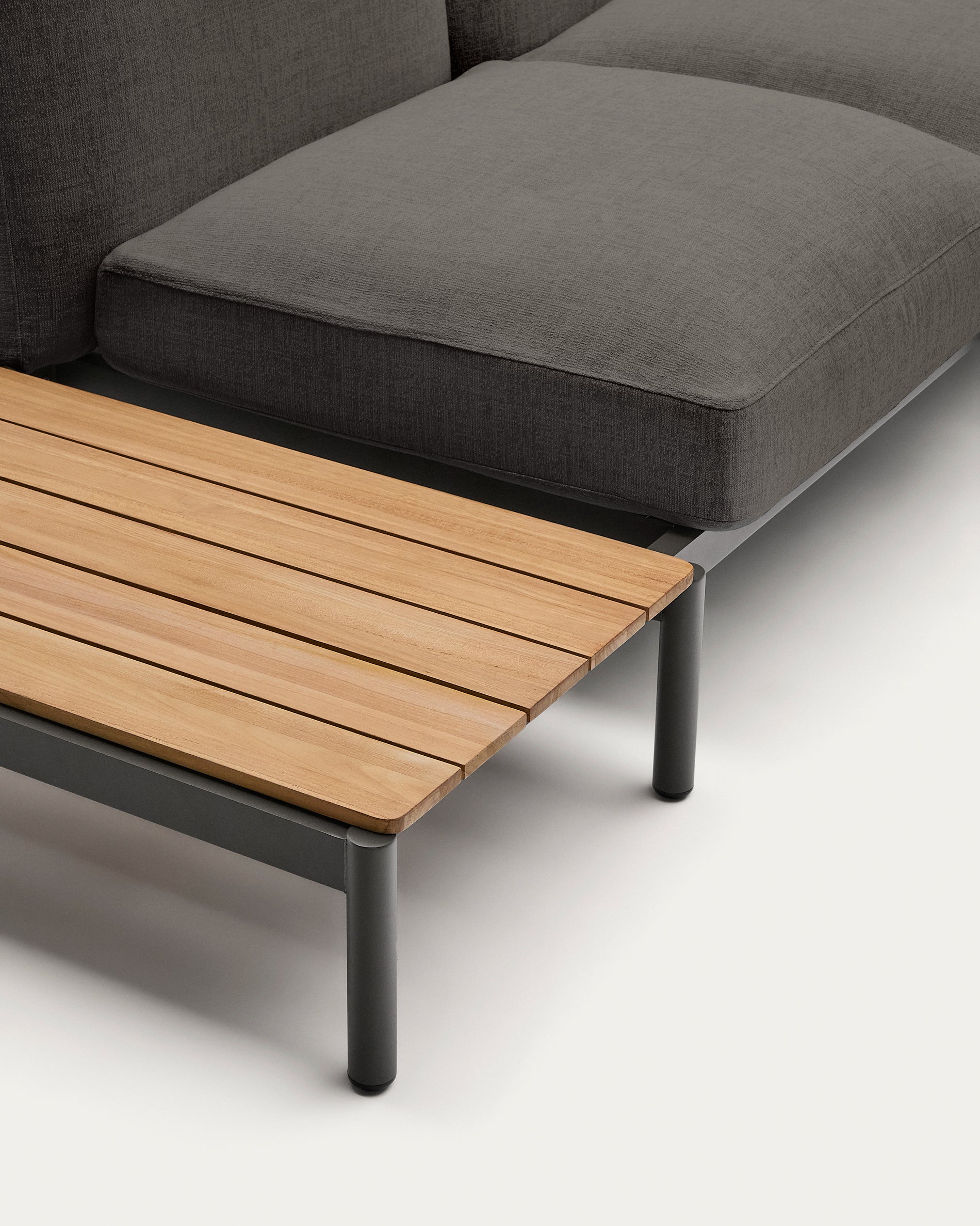 Sorells outdoor modular 4-seater corner sofa with gray upholstery and gray aluminum, teak table 353 x 316.5 cm FSC 100%