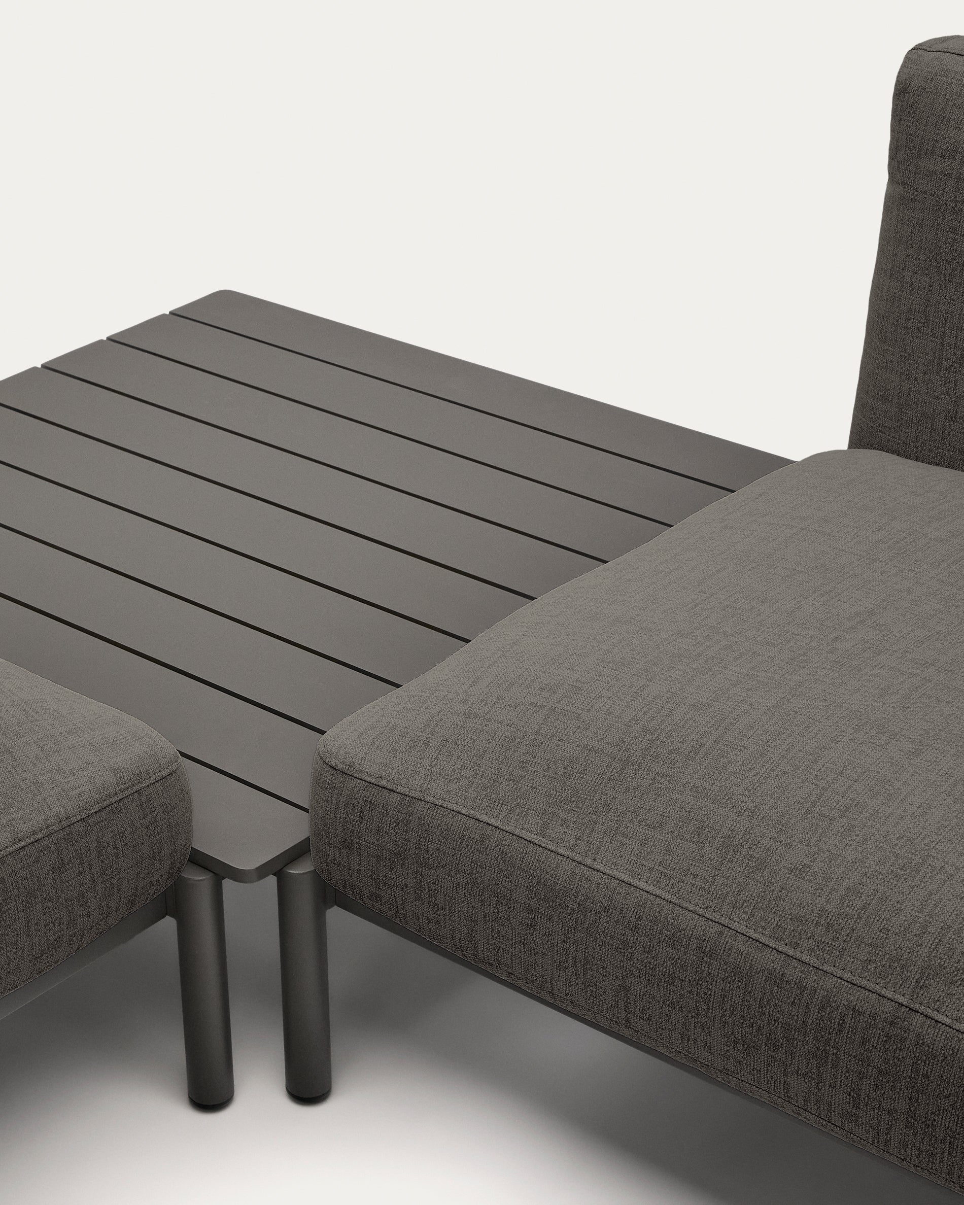 Sorells outdoor modular 4-seater corner sofa with gray upholstery and gray aluminum, teak table 353 x 316.5 cm FSC 100%