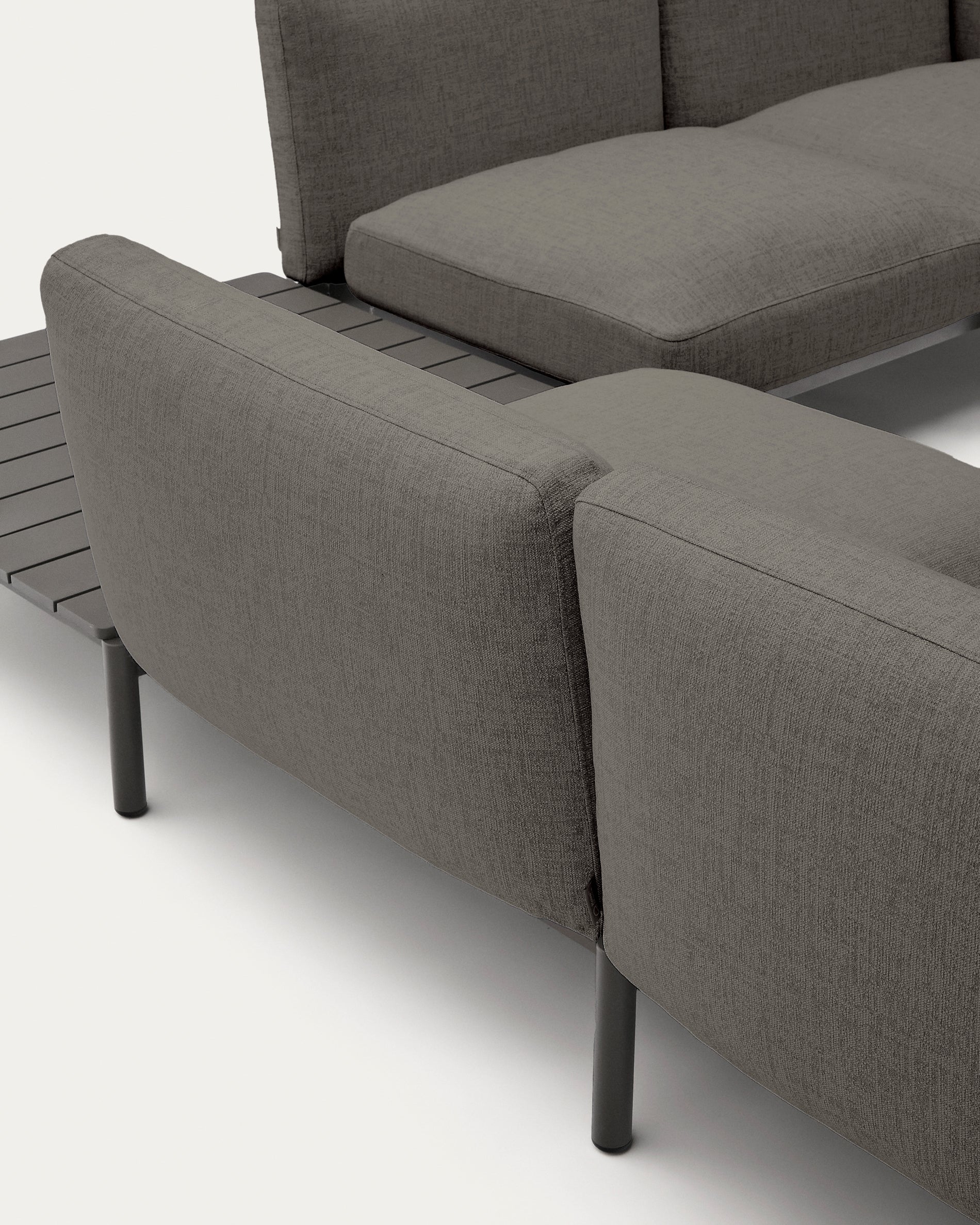 Sorells outdoor modular 4-seater corner sofa with gray upholstery and gray aluminum, teak table 353 x 316.5 cm FSC 100%