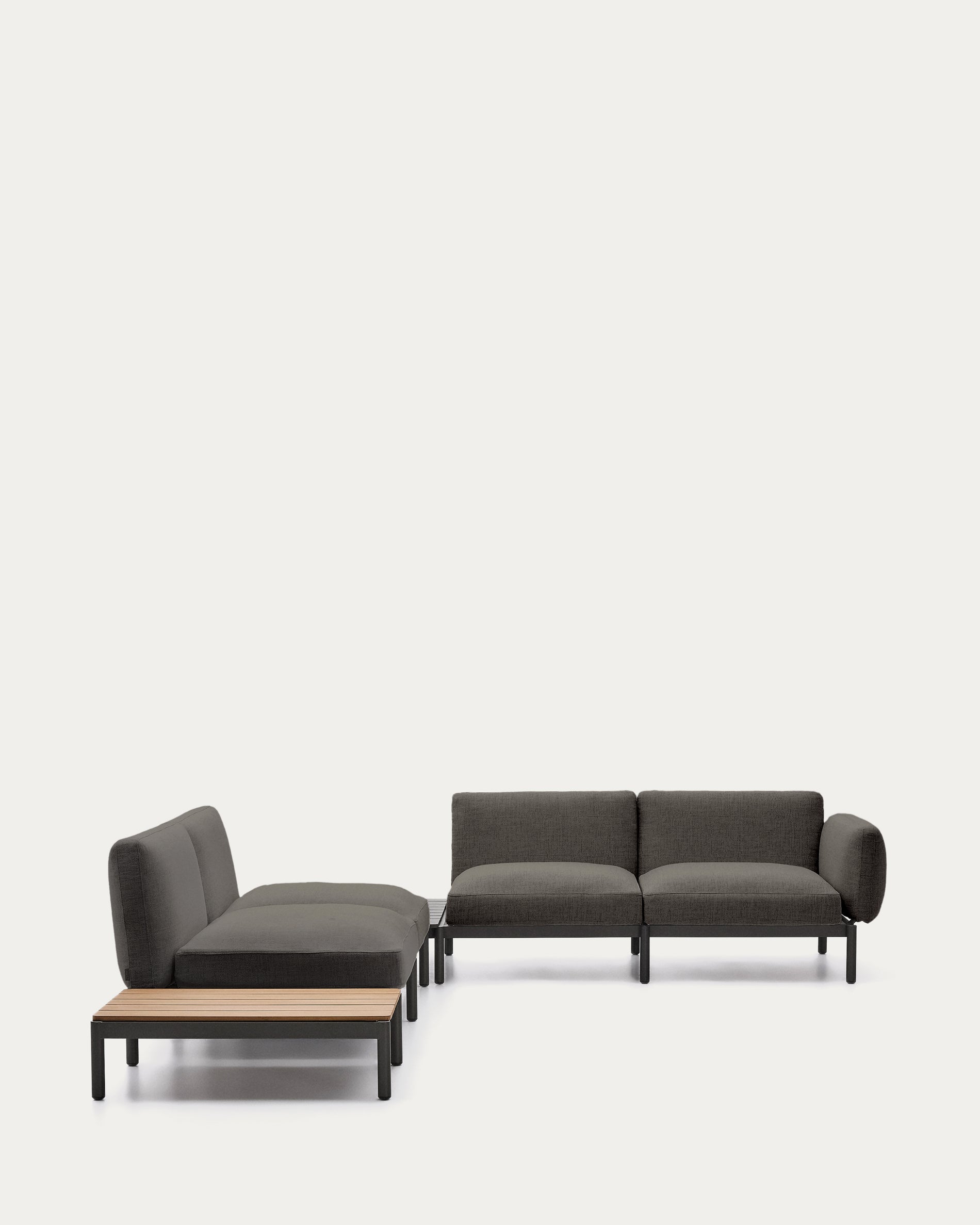 Sorells outdoor modular 4-seater corner sofa with gray upholstery and gray aluminum, teak table 353 x 316.5 cm FSC 100%