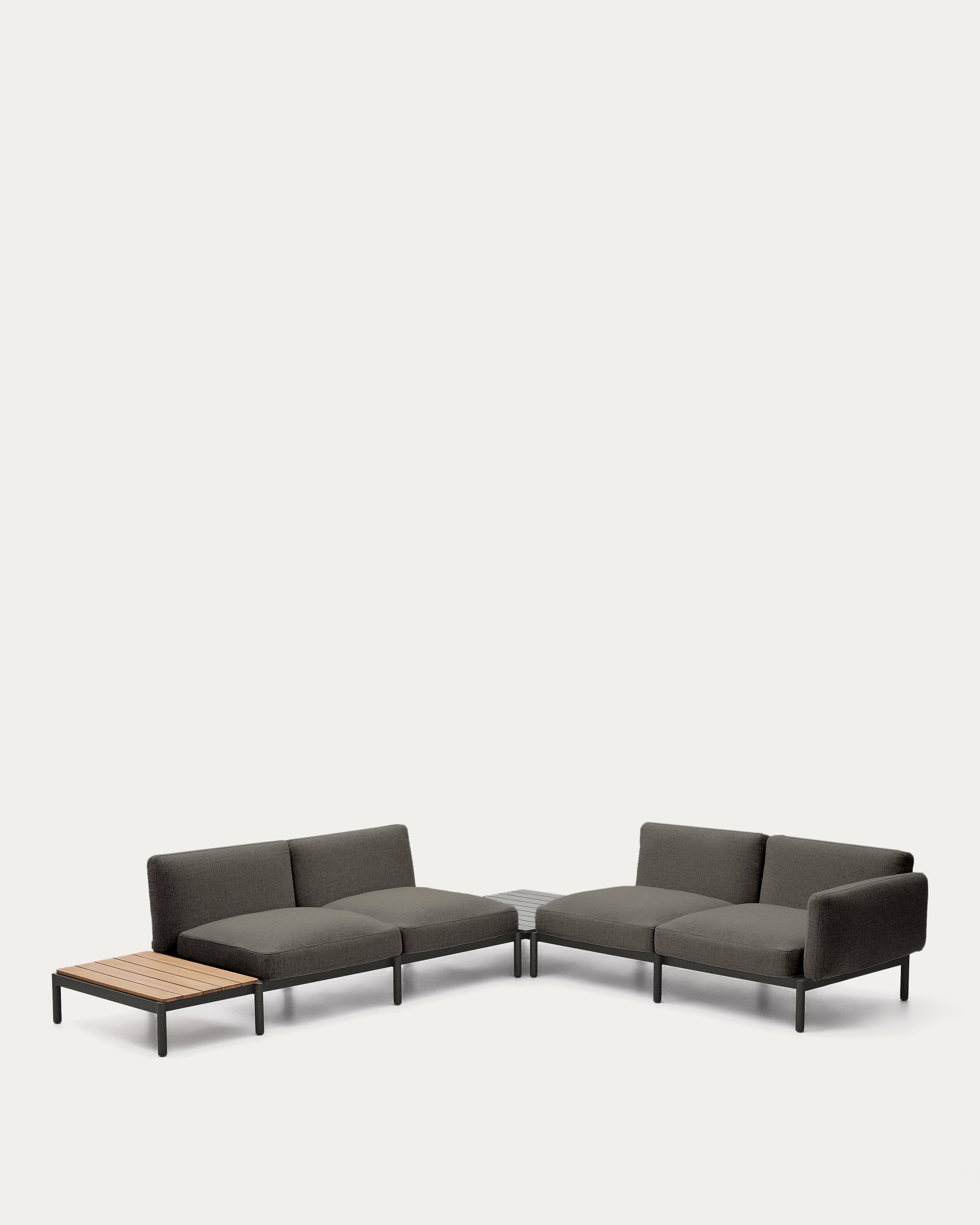 Sorells outdoor modular 4-seater corner sofa with gray upholstery and gray aluminum, teak table 353 x 316.5 cm FSC 100%