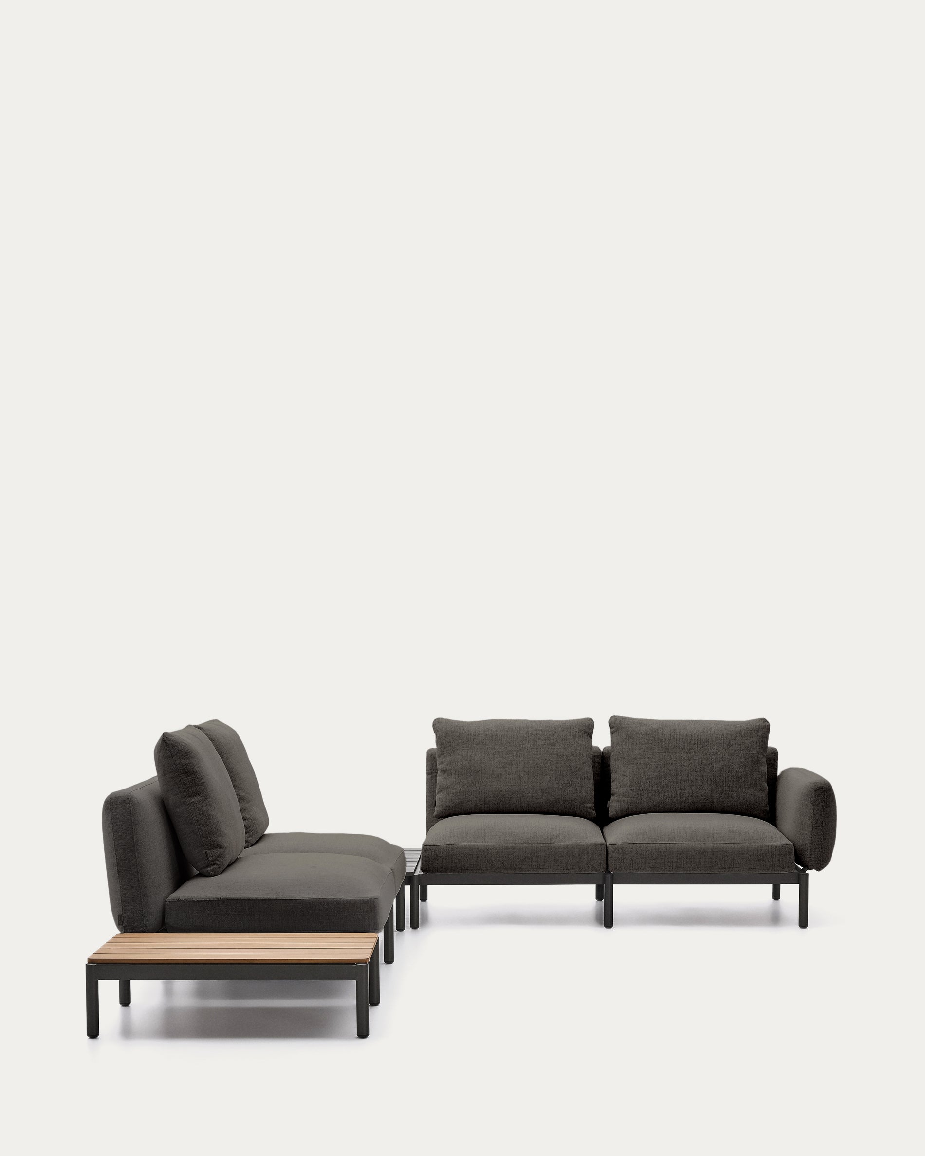 Sorells outdoor modular 4-seater corner sofa with gray upholstery and gray aluminum, teak table 353 x 316.5 cm FSC 100%