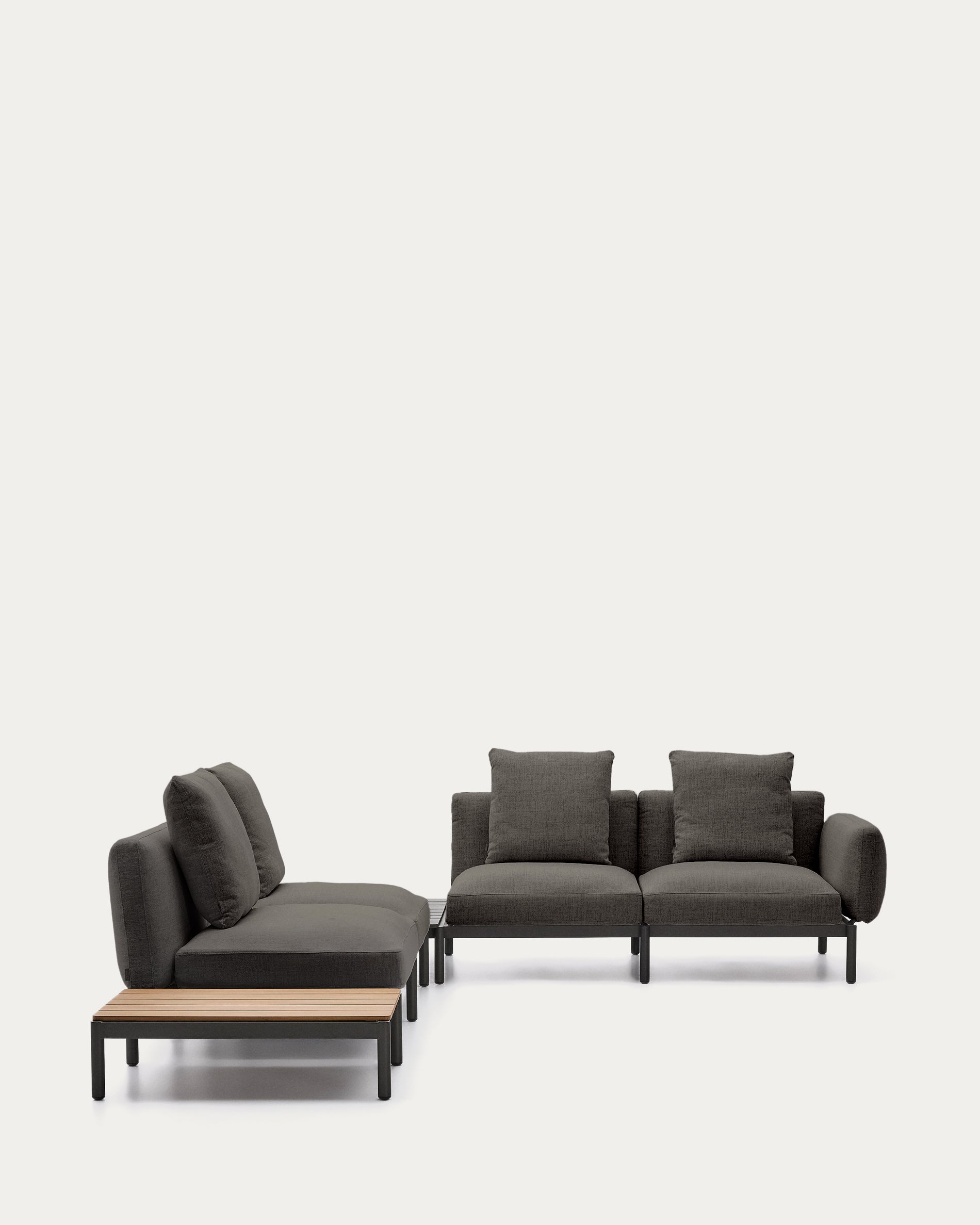 Sorells outdoor modular 4-seater corner sofa with gray upholstery and gray aluminum, teak table 353 x 316.5 cm FSC 100%