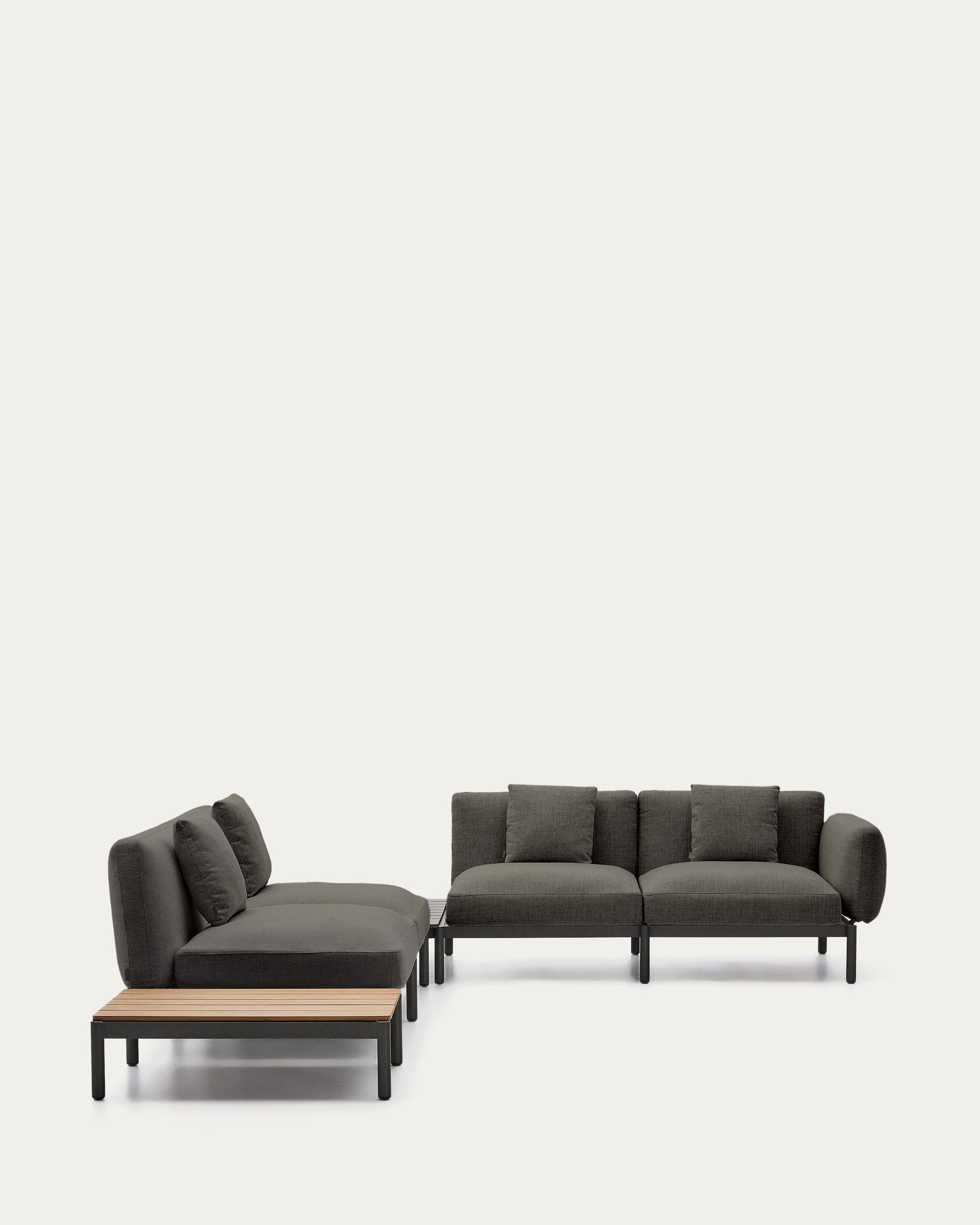 Sorells outdoor modular 4-seater corner sofa with gray upholstery and gray aluminum, teak table 353 x 316.5 cm FSC 100%