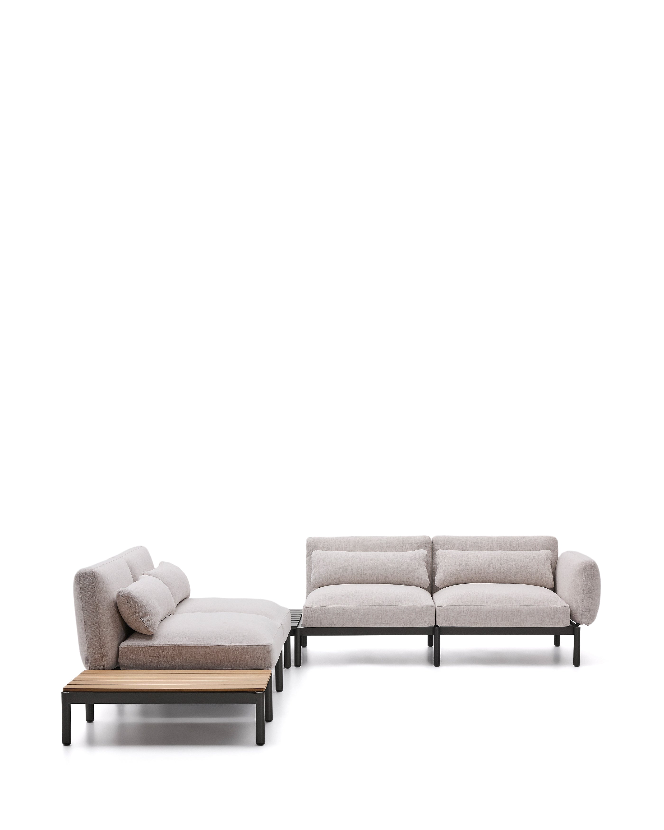 Sorells outdoor modular 4-seater corner sofa with beige upholstery and gray aluminum, teak table, 353 x 316.5 cm, FSC 100%