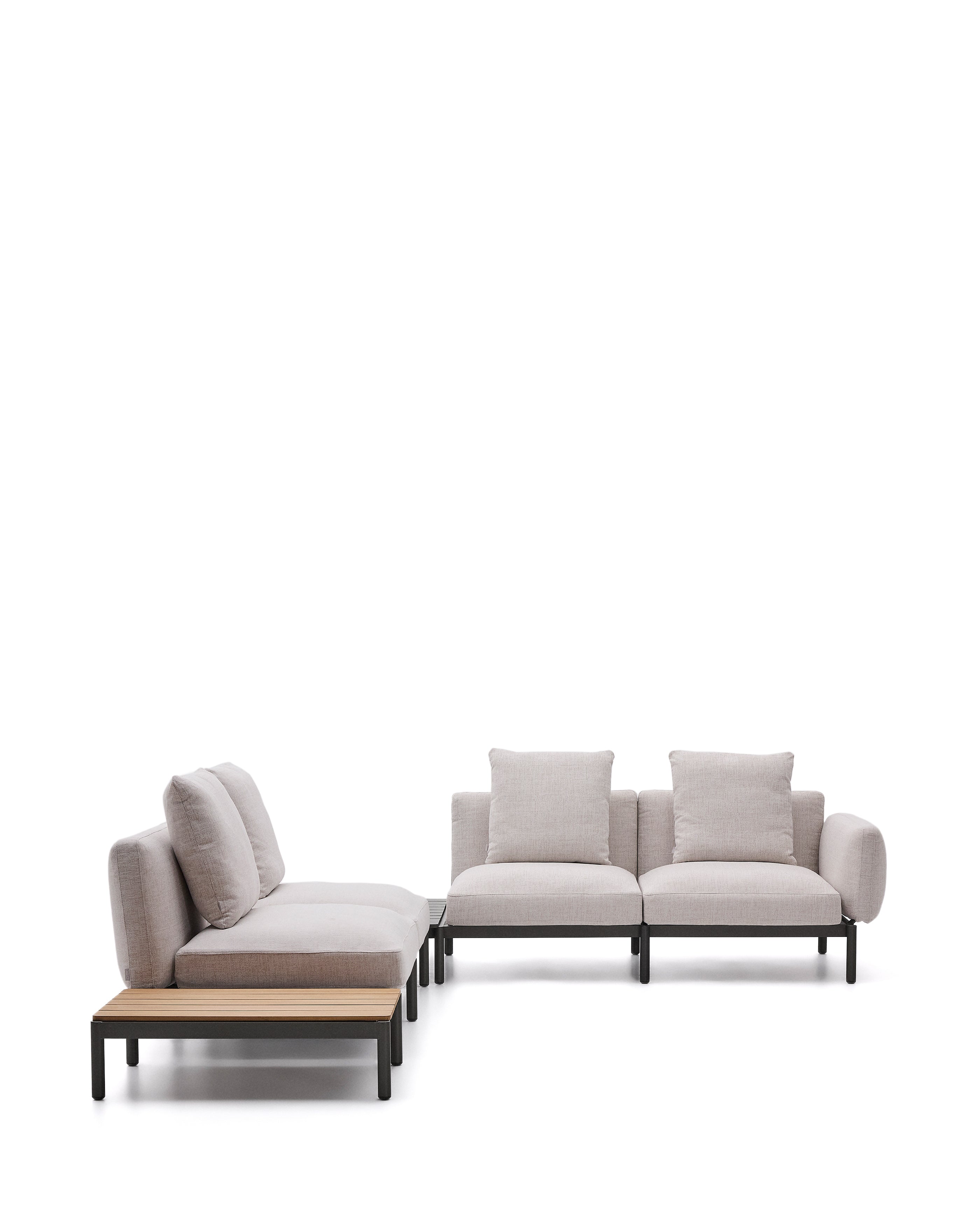 Sorells outdoor modular 4-seater corner sofa with beige upholstery and gray aluminum, teak table, 353 x 316.5 cm, FSC 100%
