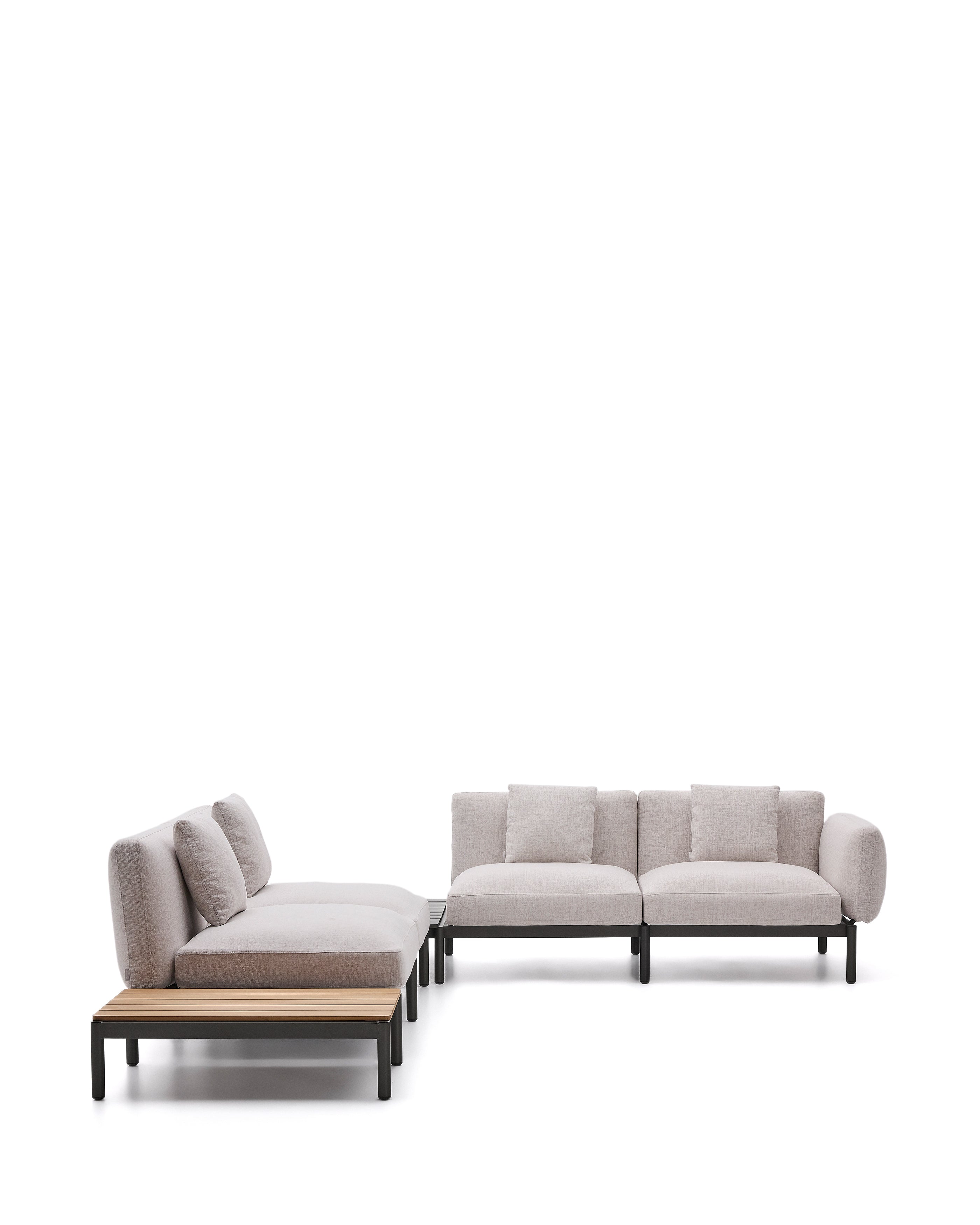 Sorells outdoor modular 4-seater corner sofa with beige upholstery and gray aluminum, teak table, 353 x 316.5 cm, FSC 100%