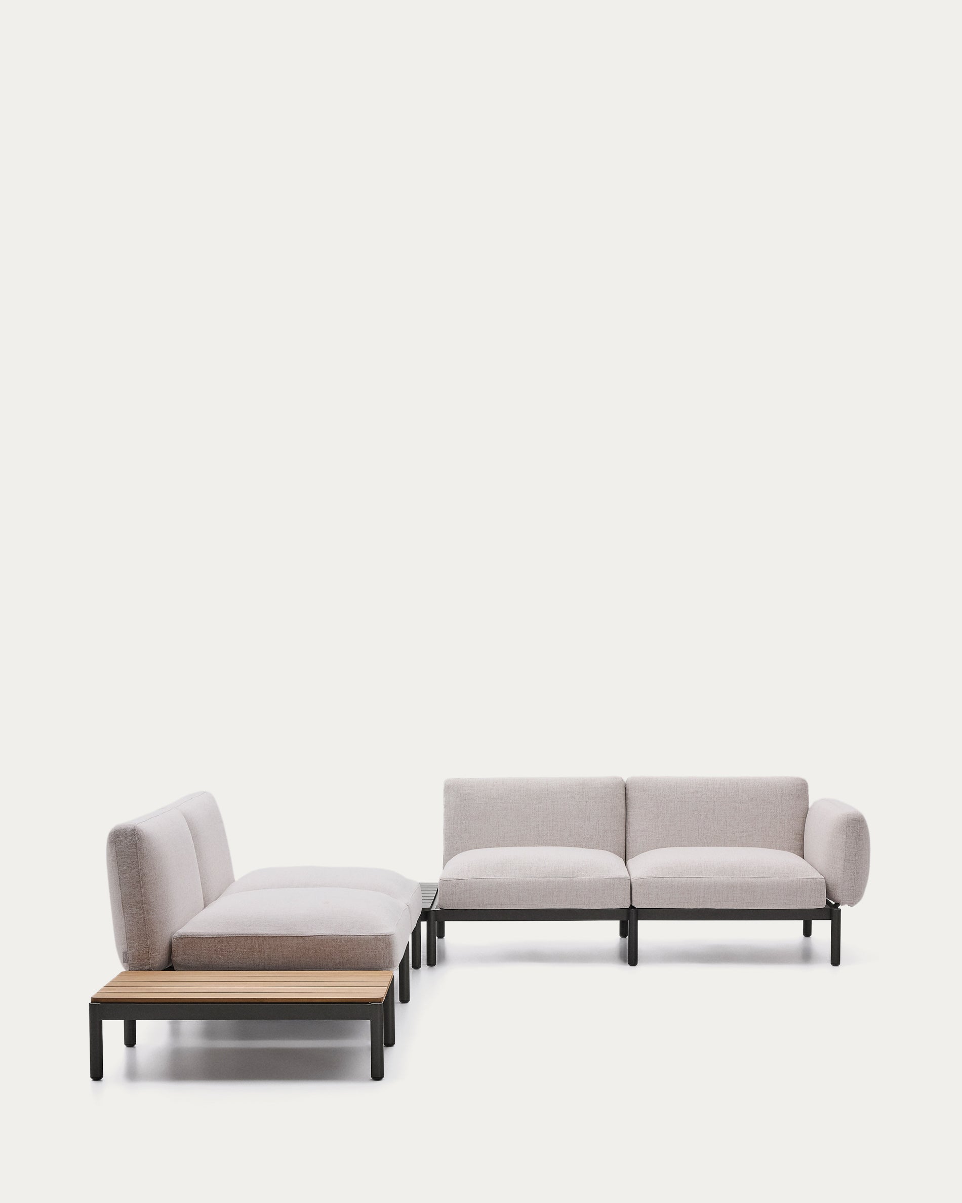 Sorells outdoor modular 4-seater corner sofa with beige upholstery and gray aluminum, teak table, 353 x 316.5 cm, FSC 100%