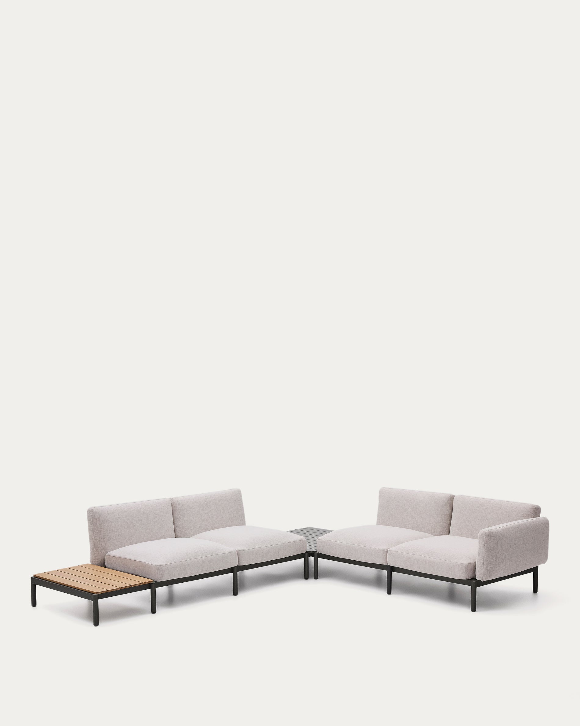 Sorells outdoor modular 4-seater corner sofa with beige upholstery and gray aluminum, teak table, 353 x 316.5 cm, FSC 100%