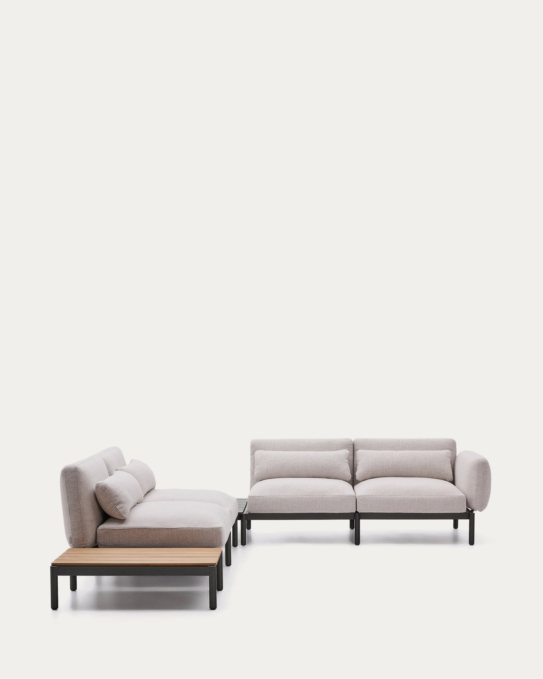 Sorells outdoor modular 4-seater corner sofa with beige upholstery and gray aluminum, teak table, 353 x 316.5 cm, FSC 100%