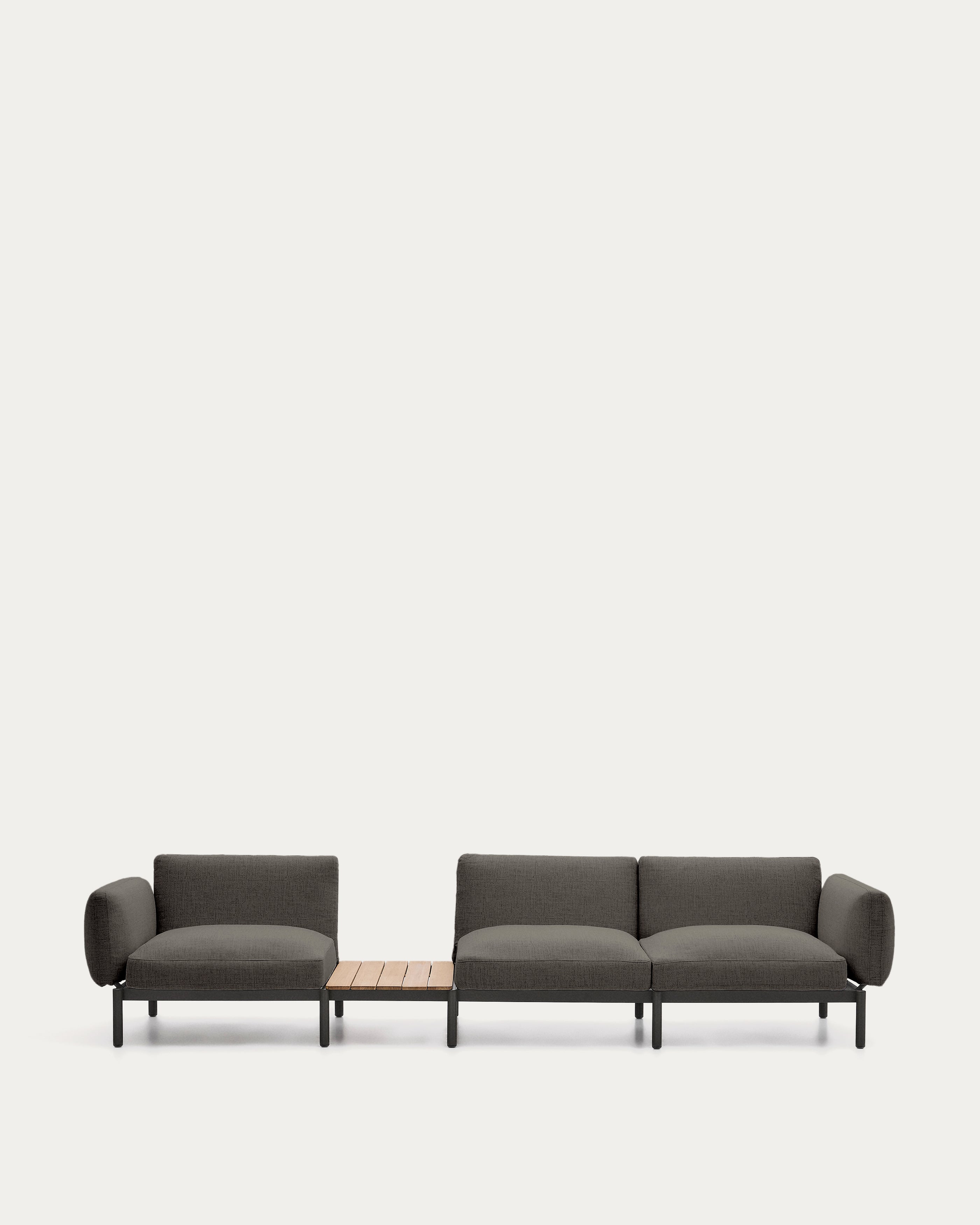 Sorells outdoor modular 3-seater sofa with gray upholstery and gray aluminum, teak table 341 x 113cm FSC 100%