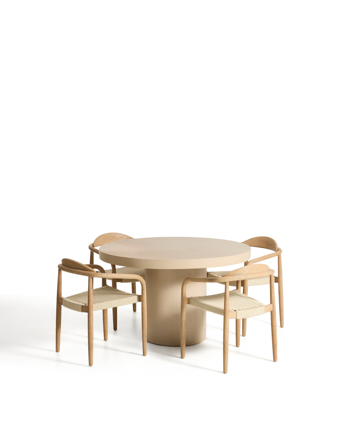 Aiguablava table set in beige concrete with 4 Nina chairs in solid acacia wood and ecru rope cord FSC 100% Ø 120cm - Product Image