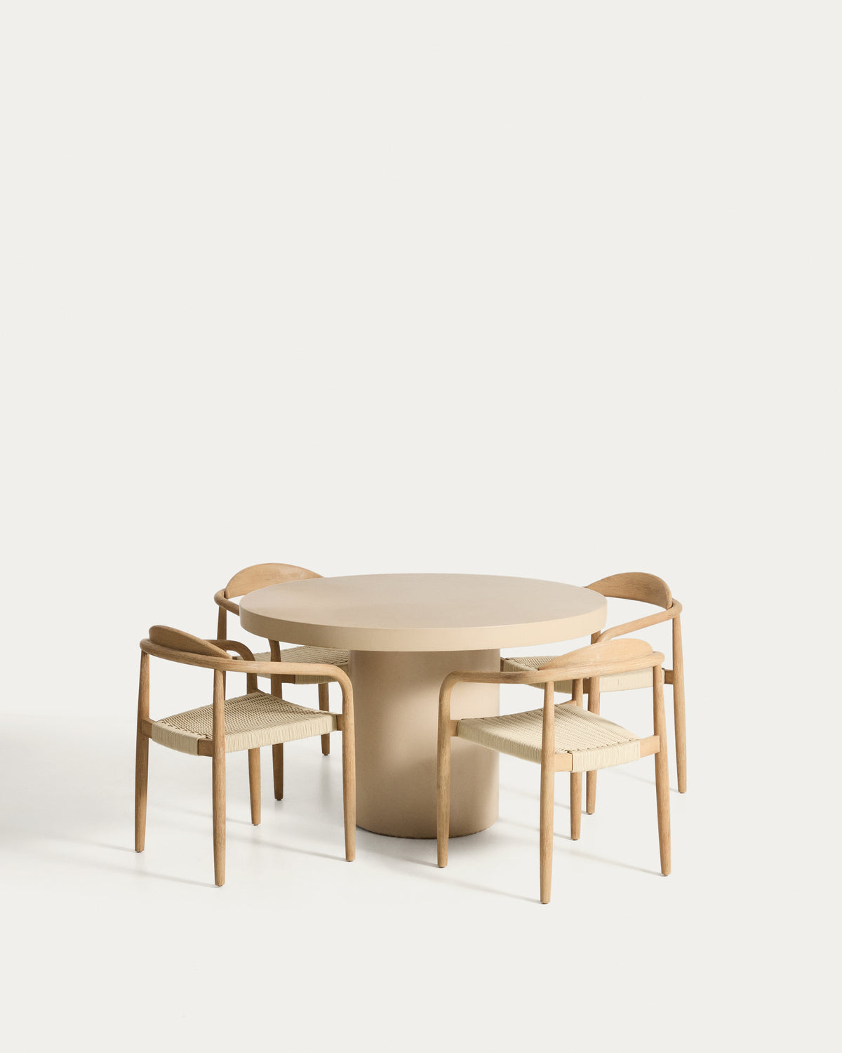 Aiguablava table set in beige concrete with 4 Nina chairs in solid acacia wood and ecru rope cord FSC 100% Ø 120cm - Product View