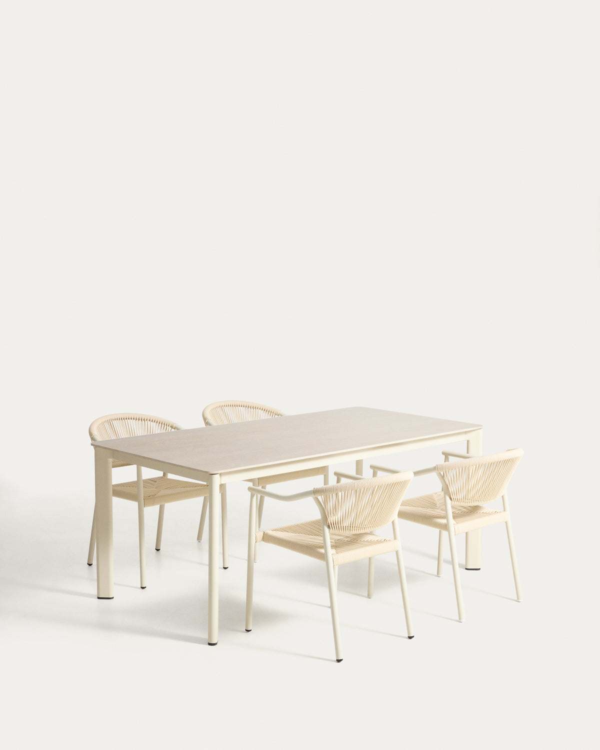 Anafi table set in sintered stone and ecru aluminium with 4 Livadia chairs in ecru aluminium 180 x 90cm - Product View