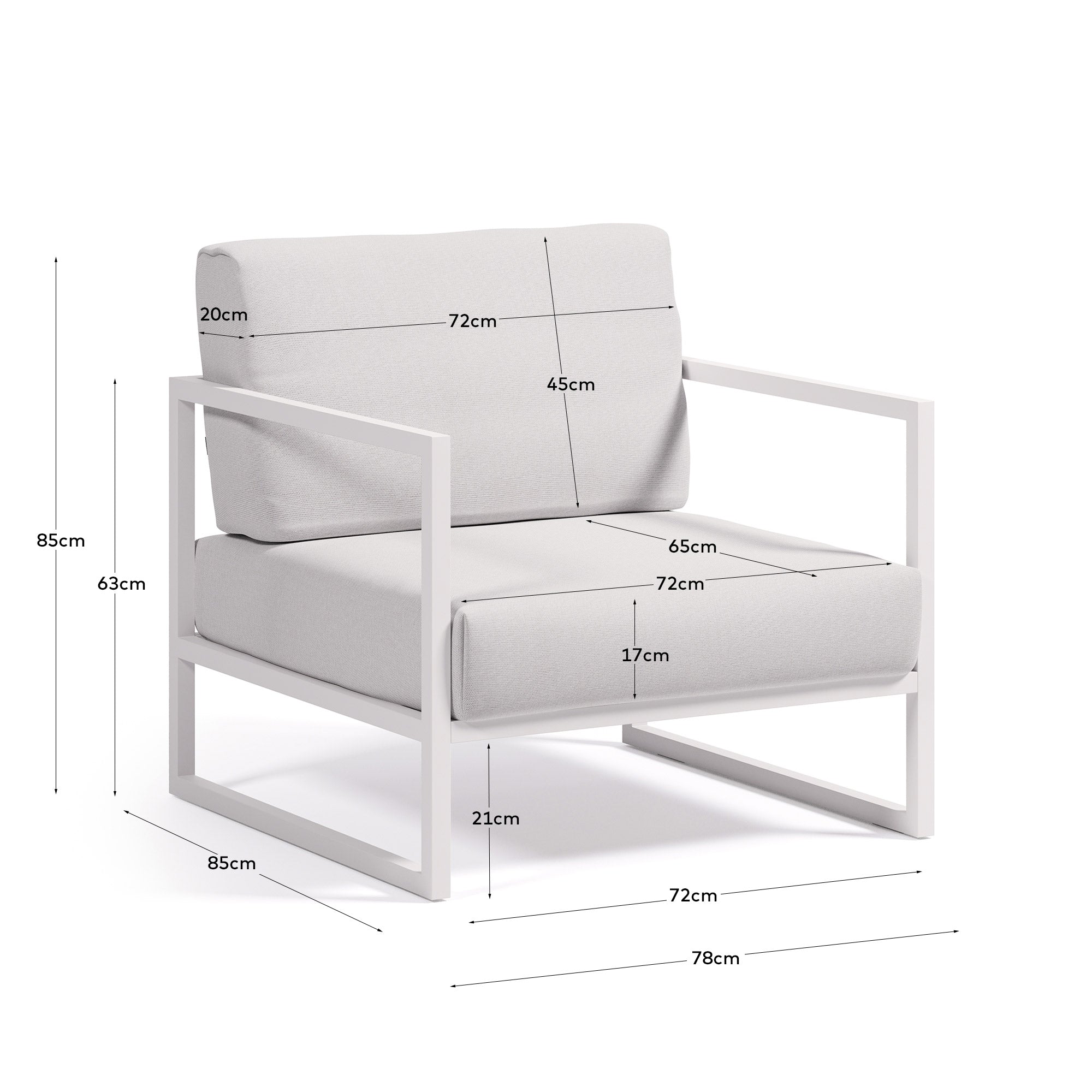 Comova 100% outdoor armchair in white and white aluminium - Measurements