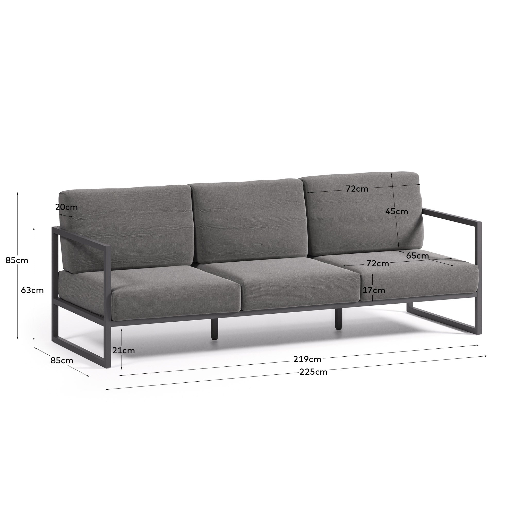 Comova 100% outdoor 3-seater sofa in dark grey and black aluminium, 222 cm - Measurements