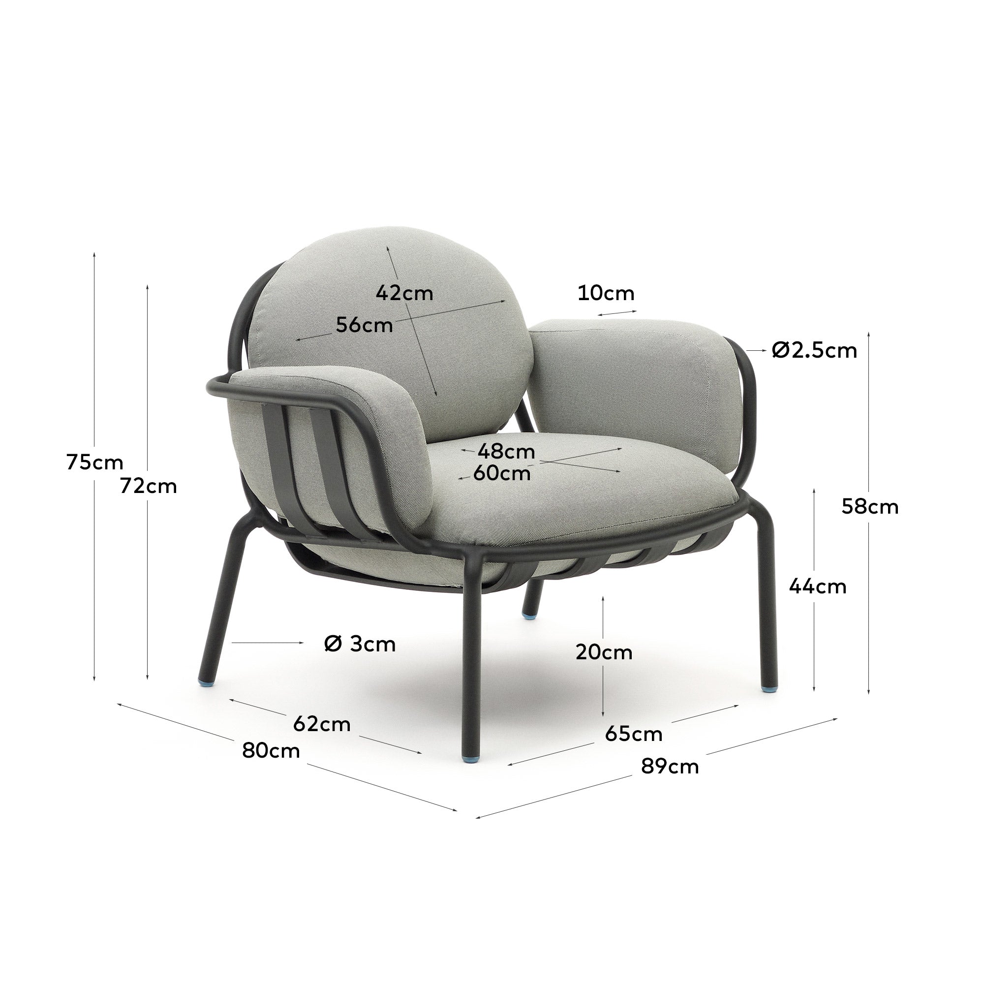 Joncols outdoor armchair with grey upholstery and aluminium with green painted finish - Measurements