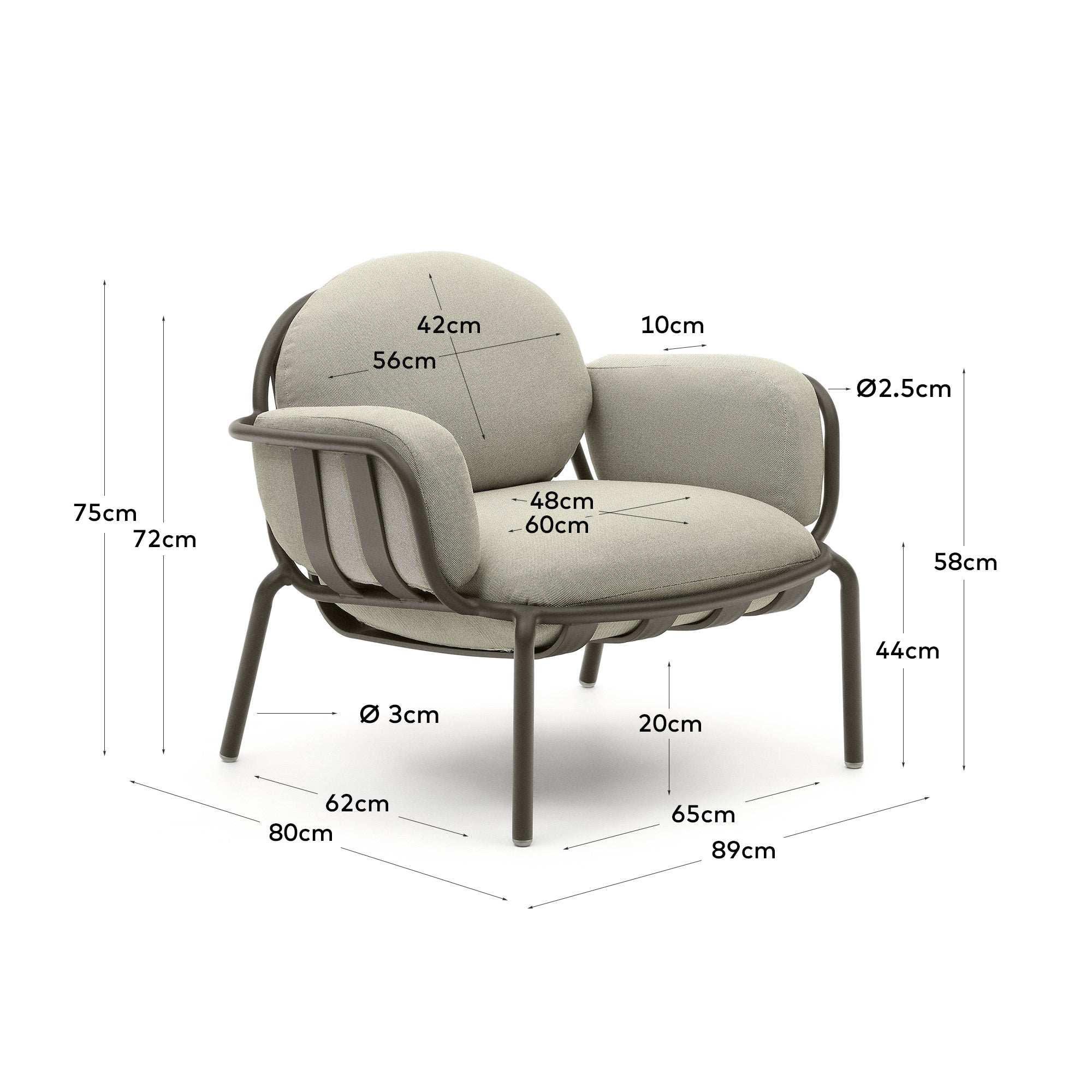 Joncols outdoor armchair with beige upholstery and aluminium with grey painted finish - Measurements