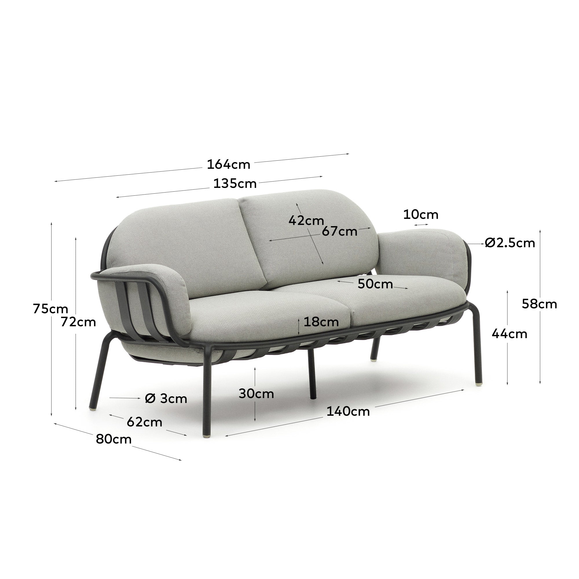Joncols outdoor 2-seater sofa with grey upholstery and aluminium with green painted finish 164cm - Measurements