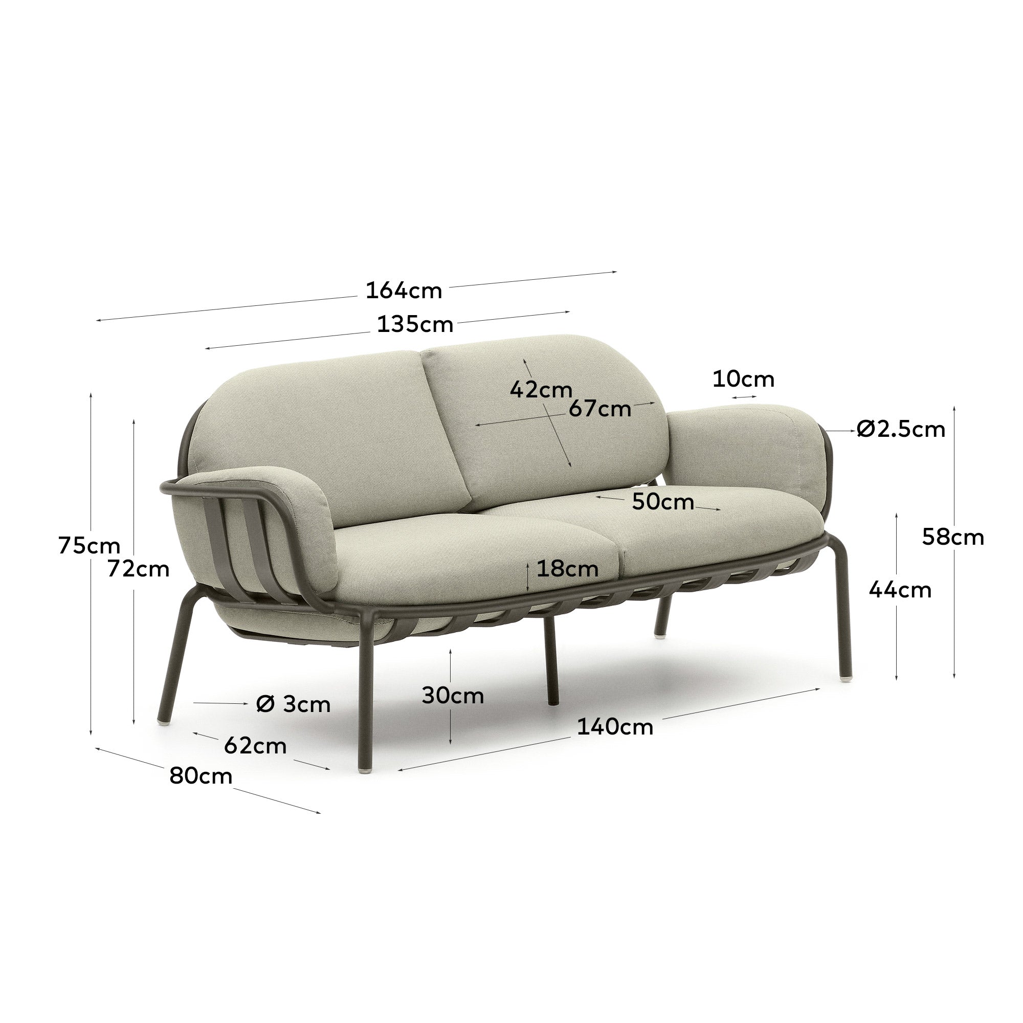 Joncols outdoor 2-seater sofa with beige upholstery and aluminium with grey painted finish 164cm - Measurements
