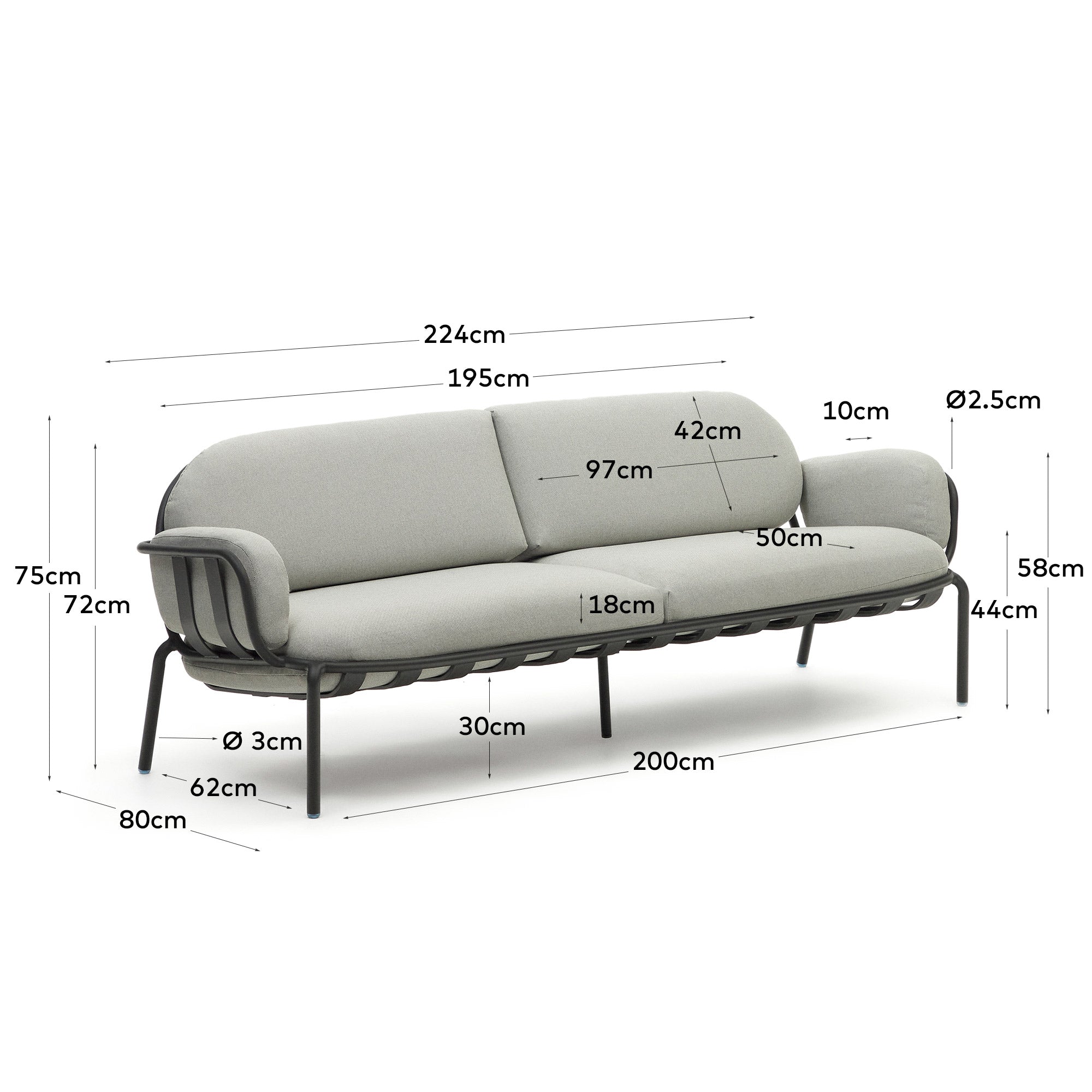 Joncols outdoor 3-seater sofa with grey upholstery and aluminium with green painted finish 225cm - Measurements