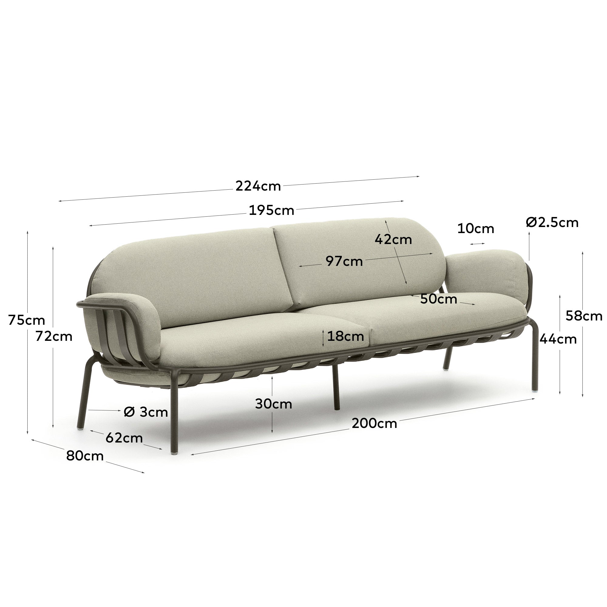 Joncols outdoor 3-seater sofa with beige upholstery and aluminium with grey painted finish 225cm - Measurements
