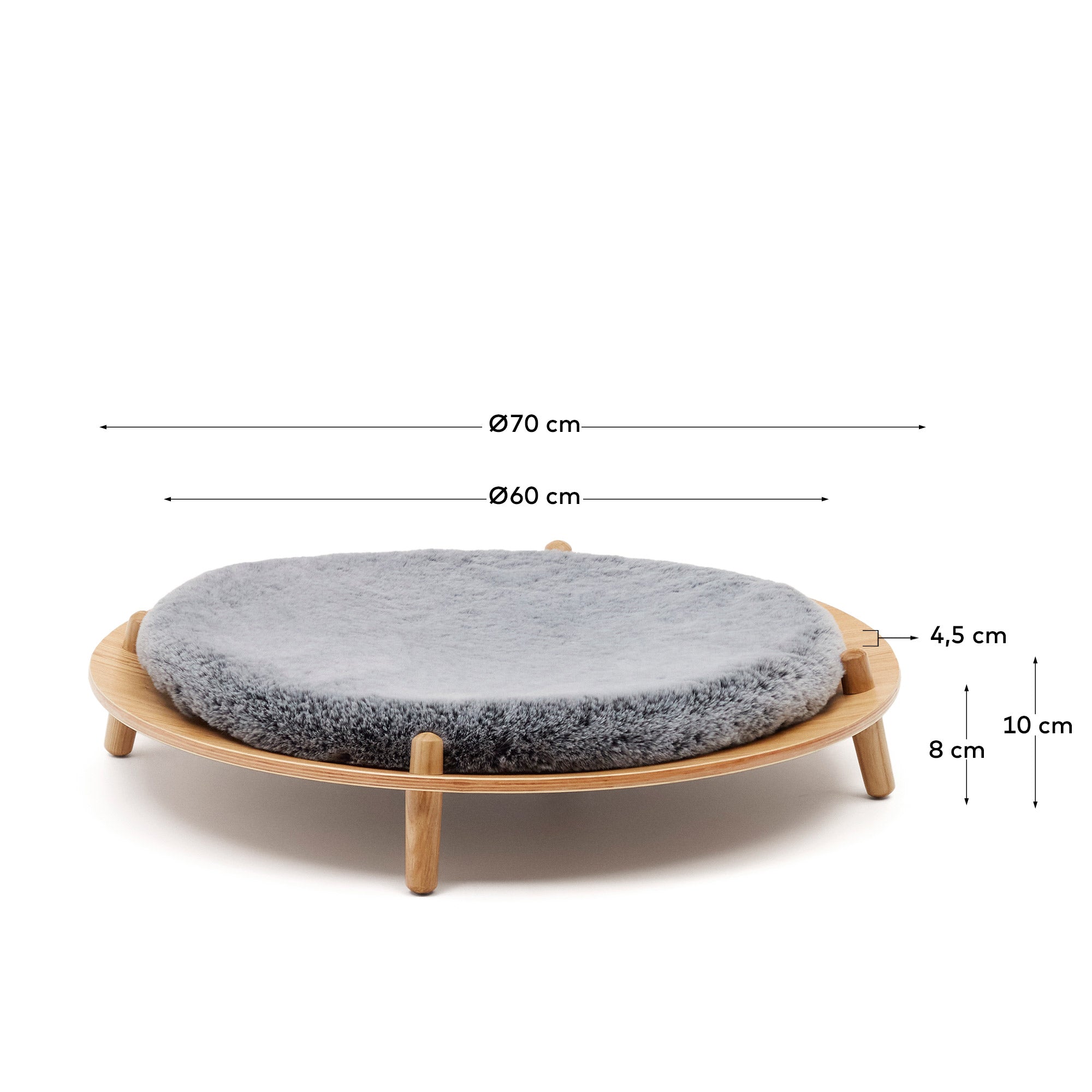 Bunola bed for pets made of ash plywood and cushion in grey fur, Ø 70 cm - Measurements