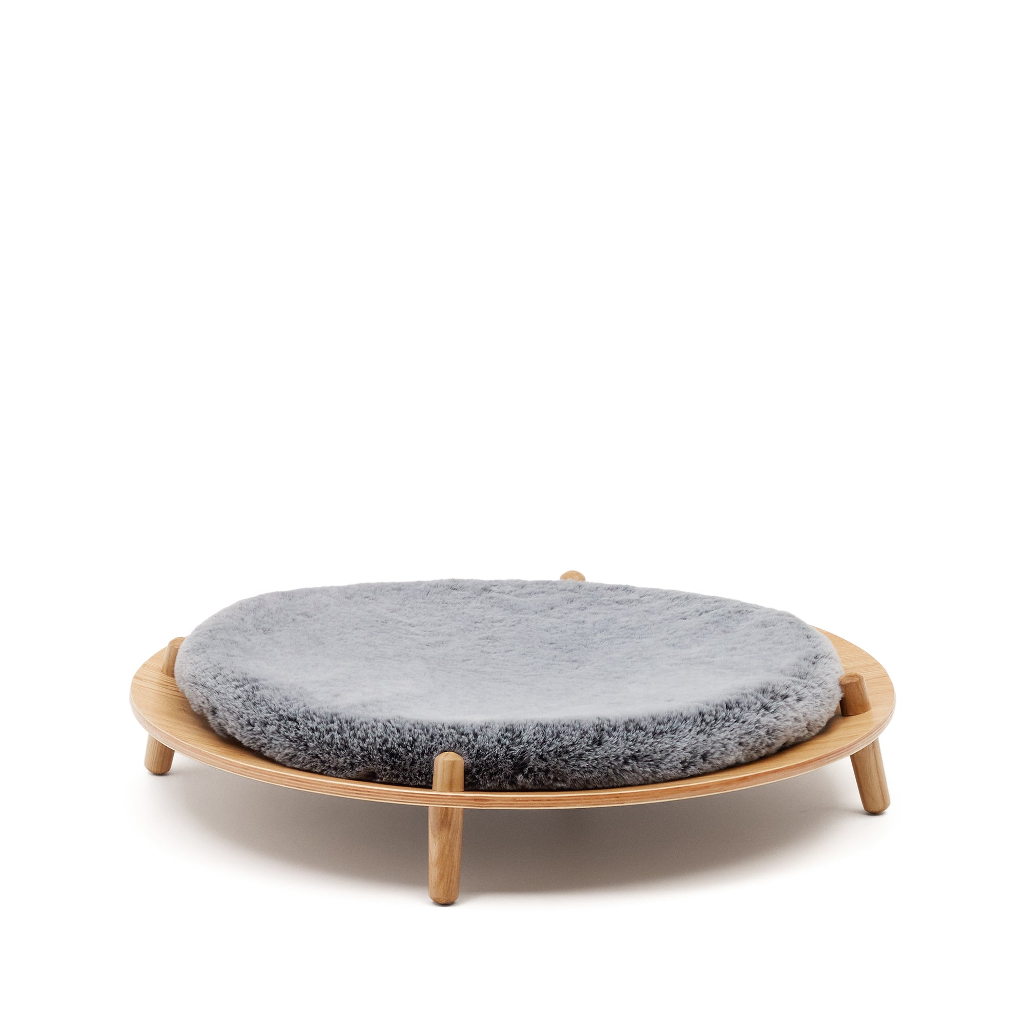 Bunola bed for pets made of ash plywood and cushion in grey fur, Ø 70 cm - Product Image