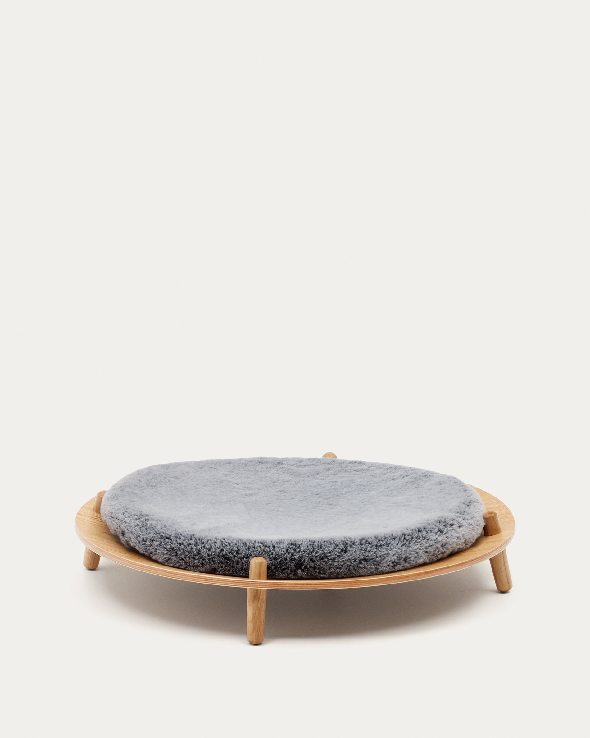 Bunola bed for pets made of ash plywood and cushion in grey fur, Ø 70 cm - Product View