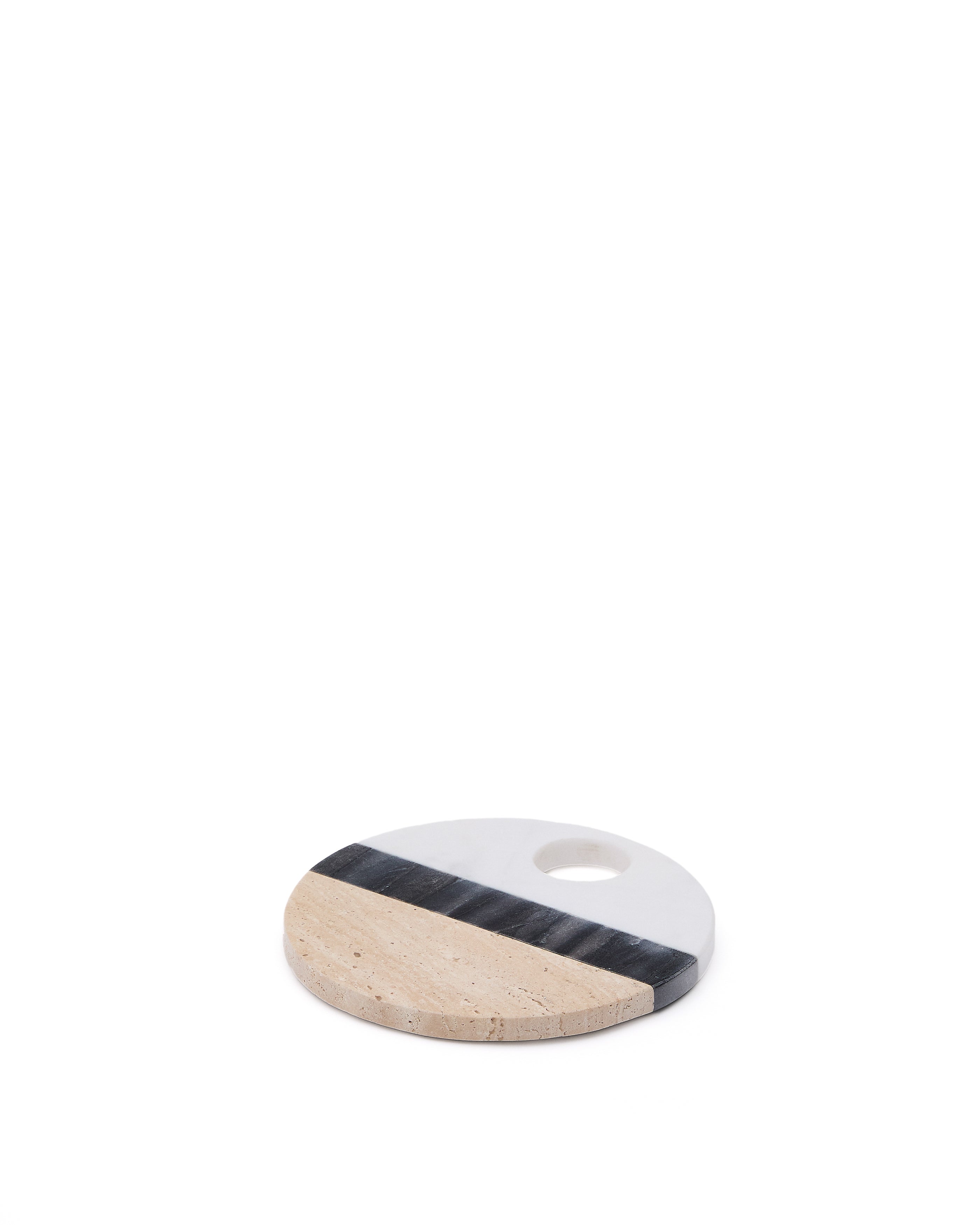 Nivol round serving board in black and white marble and travertine - Product Image