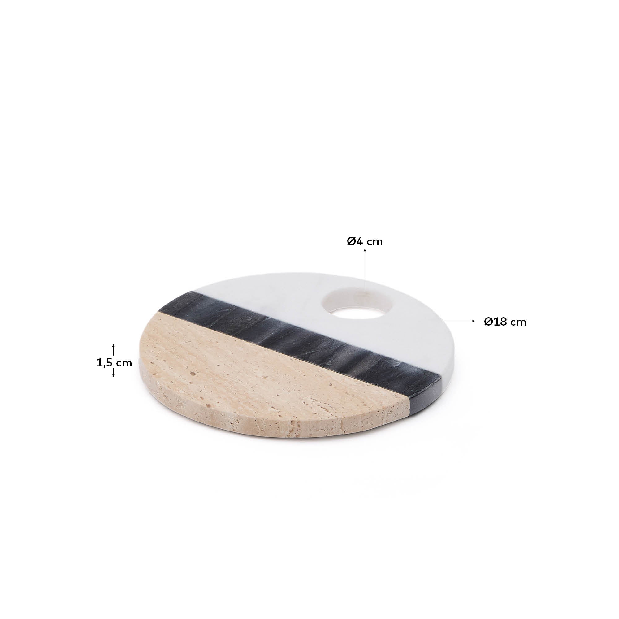 Nivol round serving board in black and white marble and travertine - Measurements