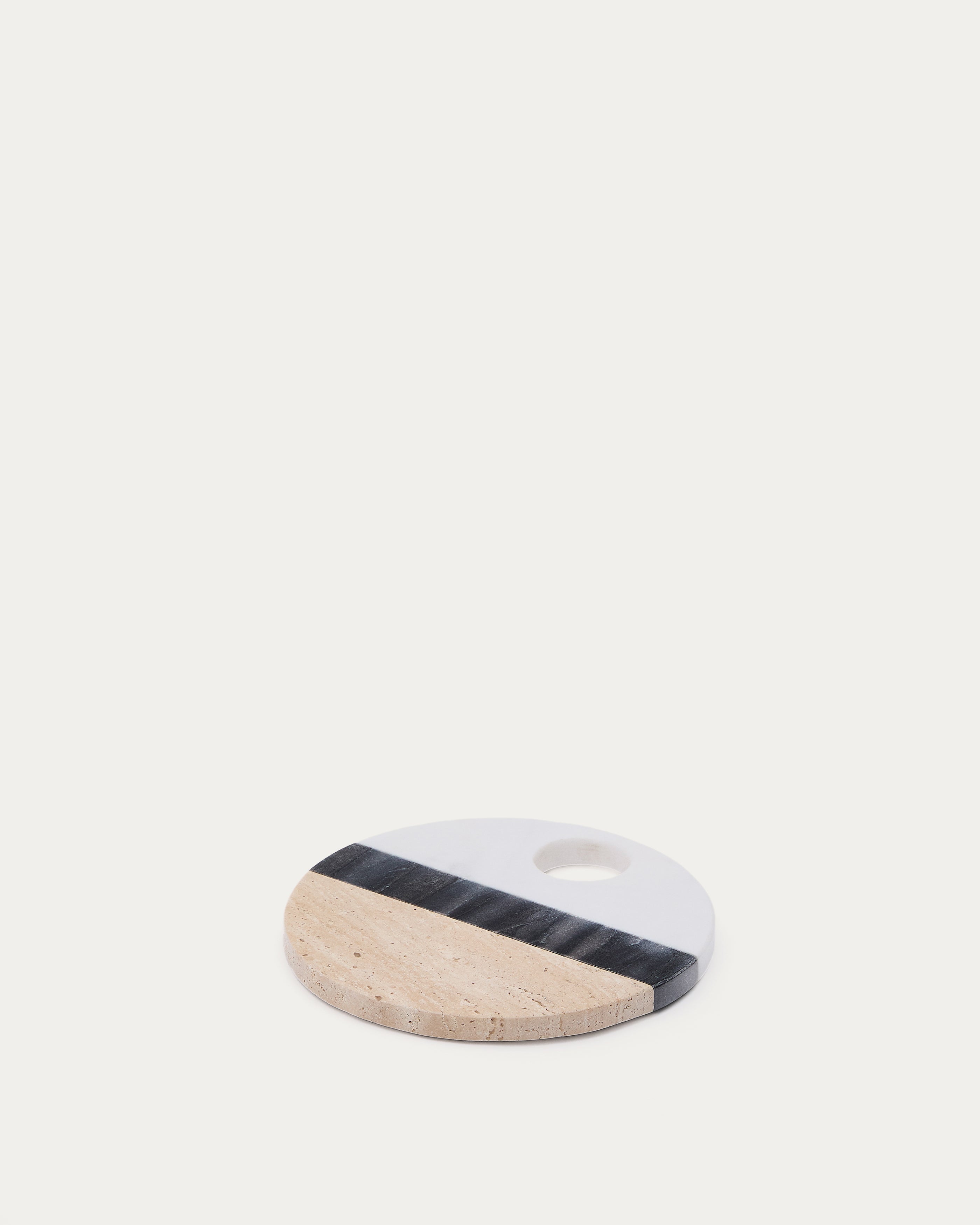 Nivol round serving board in black and white marble and travertine - Product View