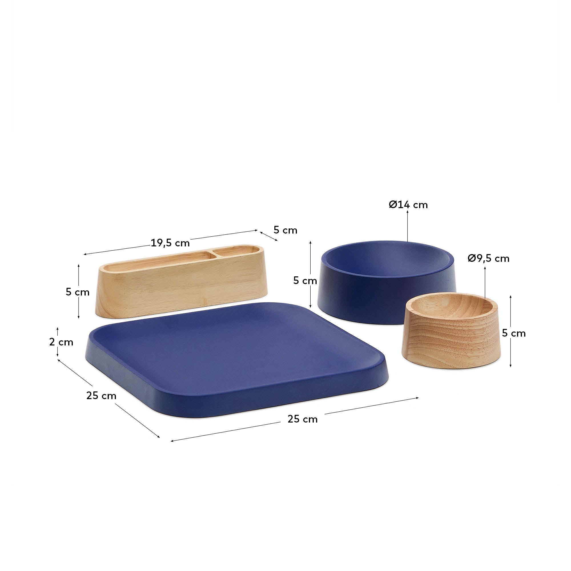 Bletz set of serving dishes for snacks made of acacia wood in a natural, blue finish FSC 100% - Measurements