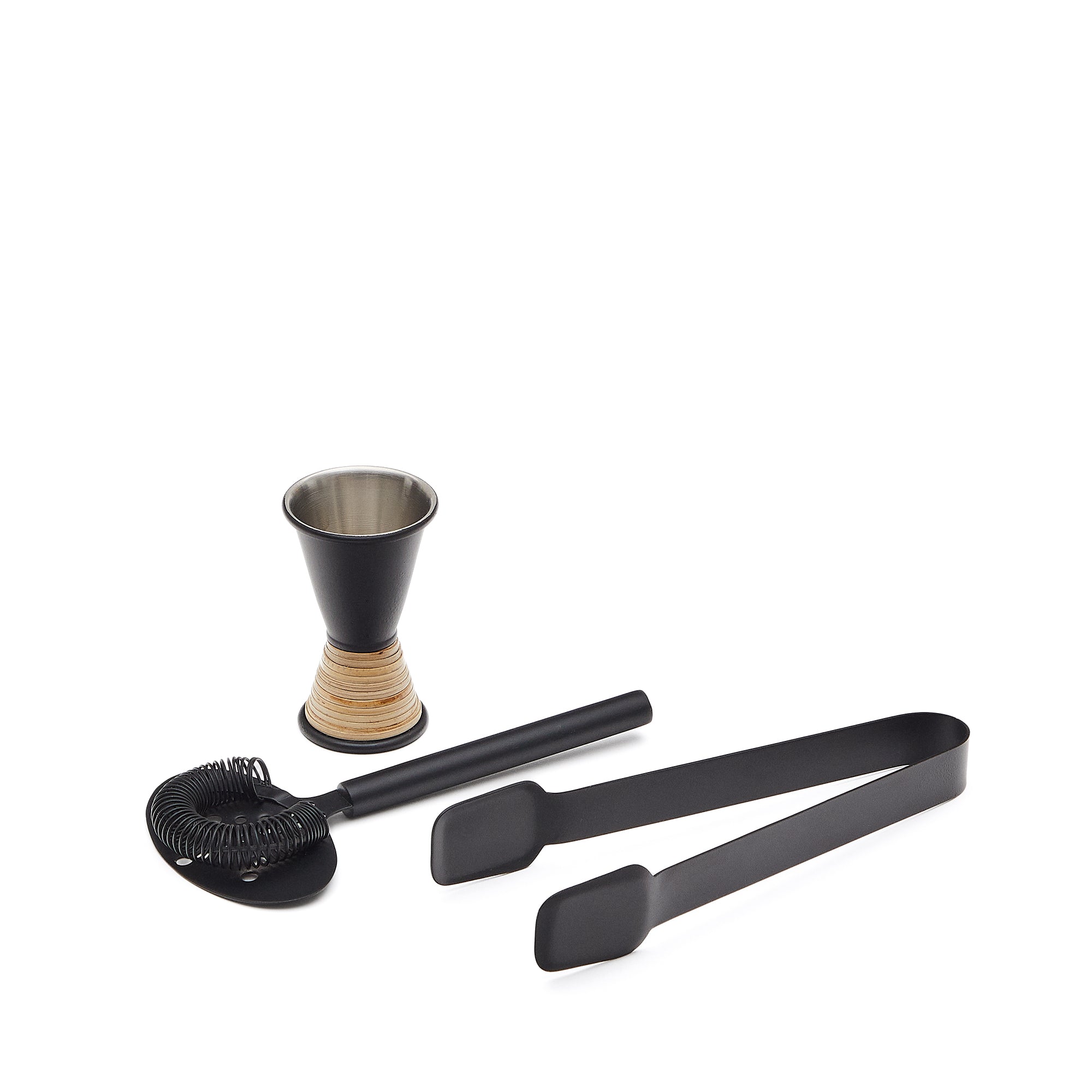 Shai set of black stainless steel and rattan cocktail utensils - Product Image