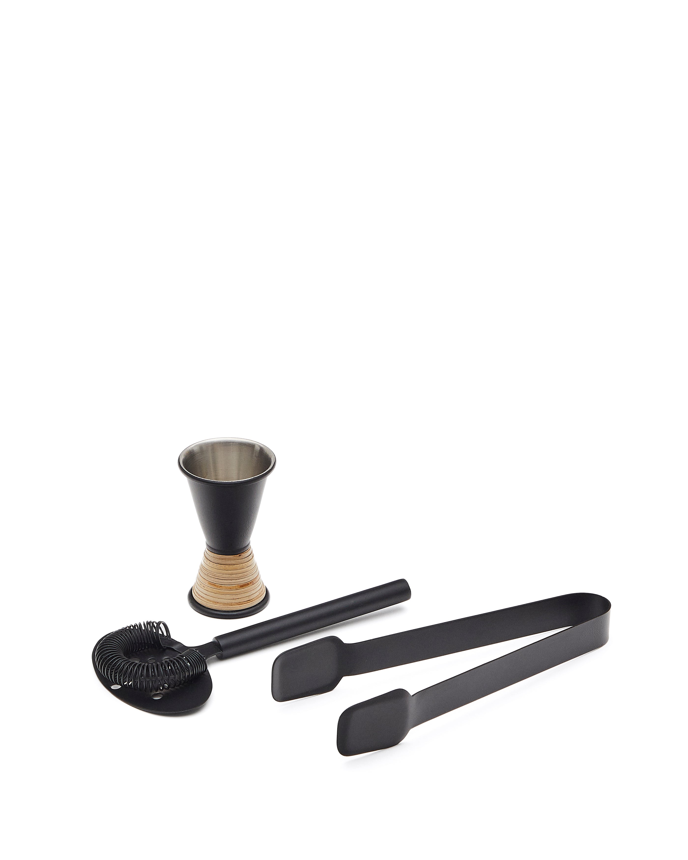 Shai set of black stainless steel and rattan cocktail utensils - Product Image