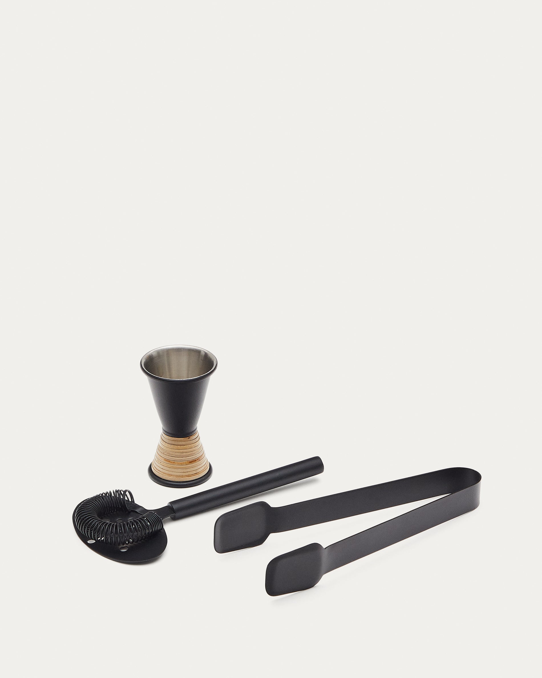 Shai set of black stainless steel and rattan cocktail utensils - Product View