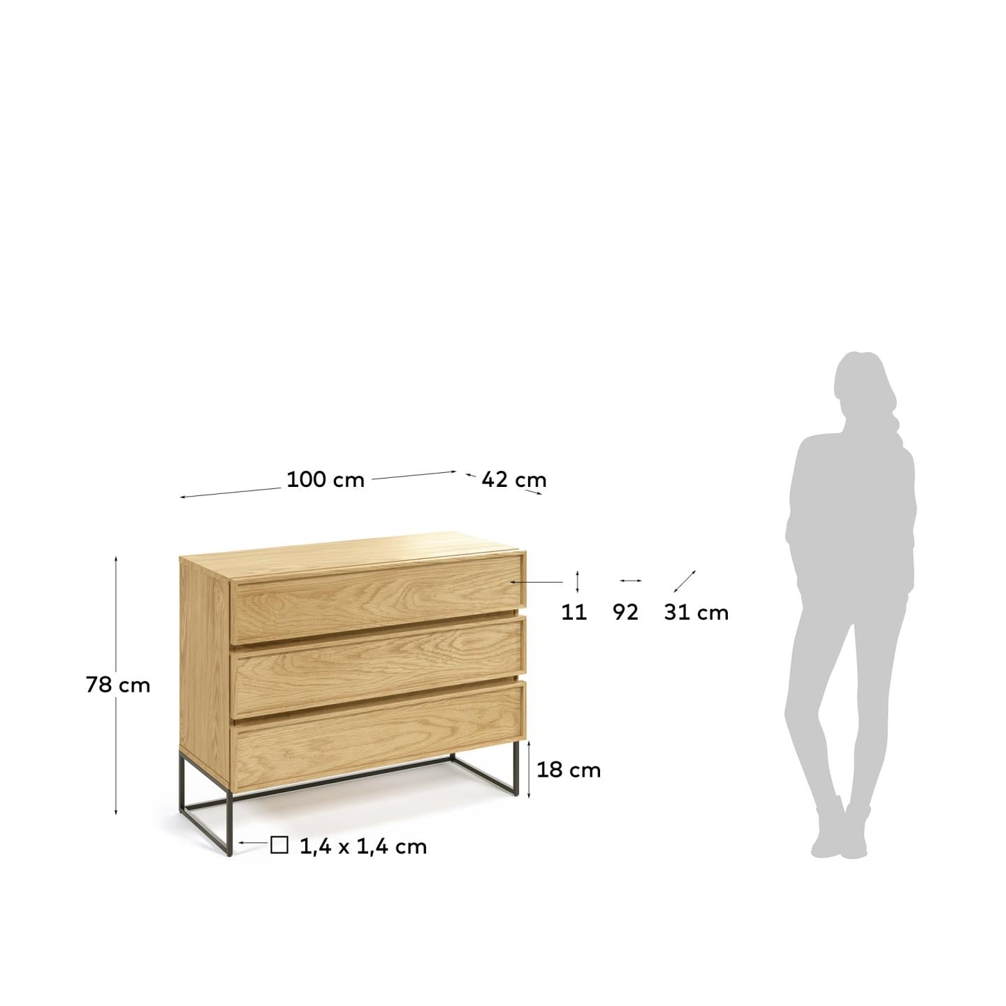 Taiana chest of drawers with oak veneer and steel frame with black finish 100 x 78 cm - Measurements