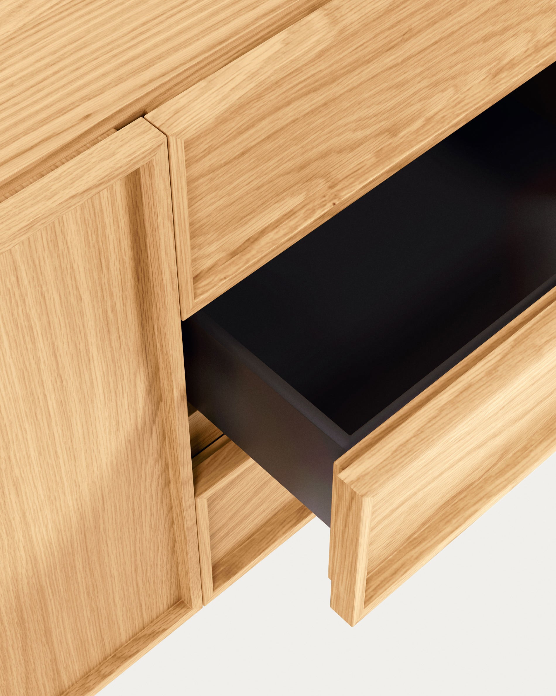 Taiana 2 door 3 drawer sideboard in oak veneer with black steel structure, 160 x 78 cm - Detail