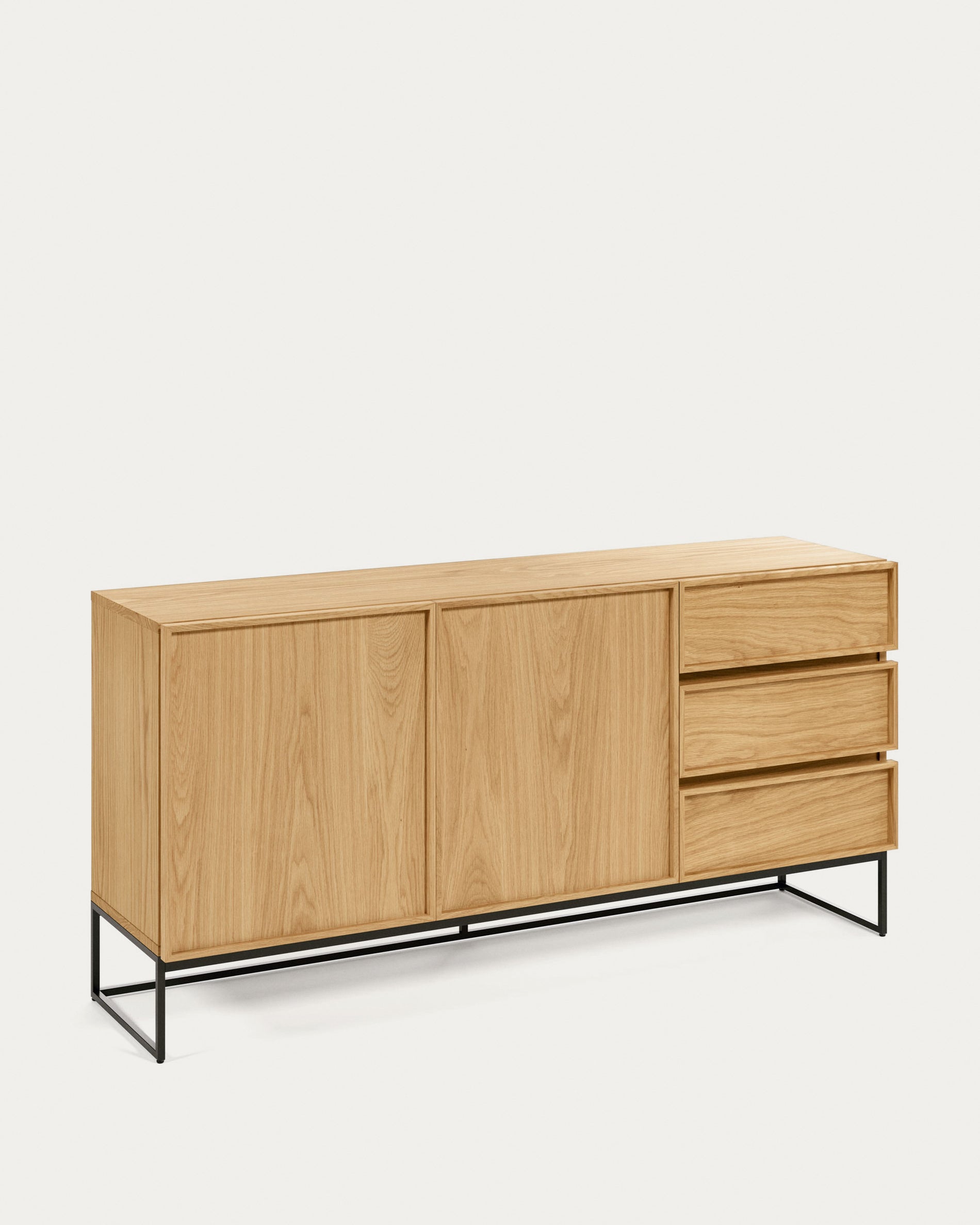Taiana 2 door 3 drawer sideboard in oak veneer with black steel structure, 160 x 78 cm - Product View